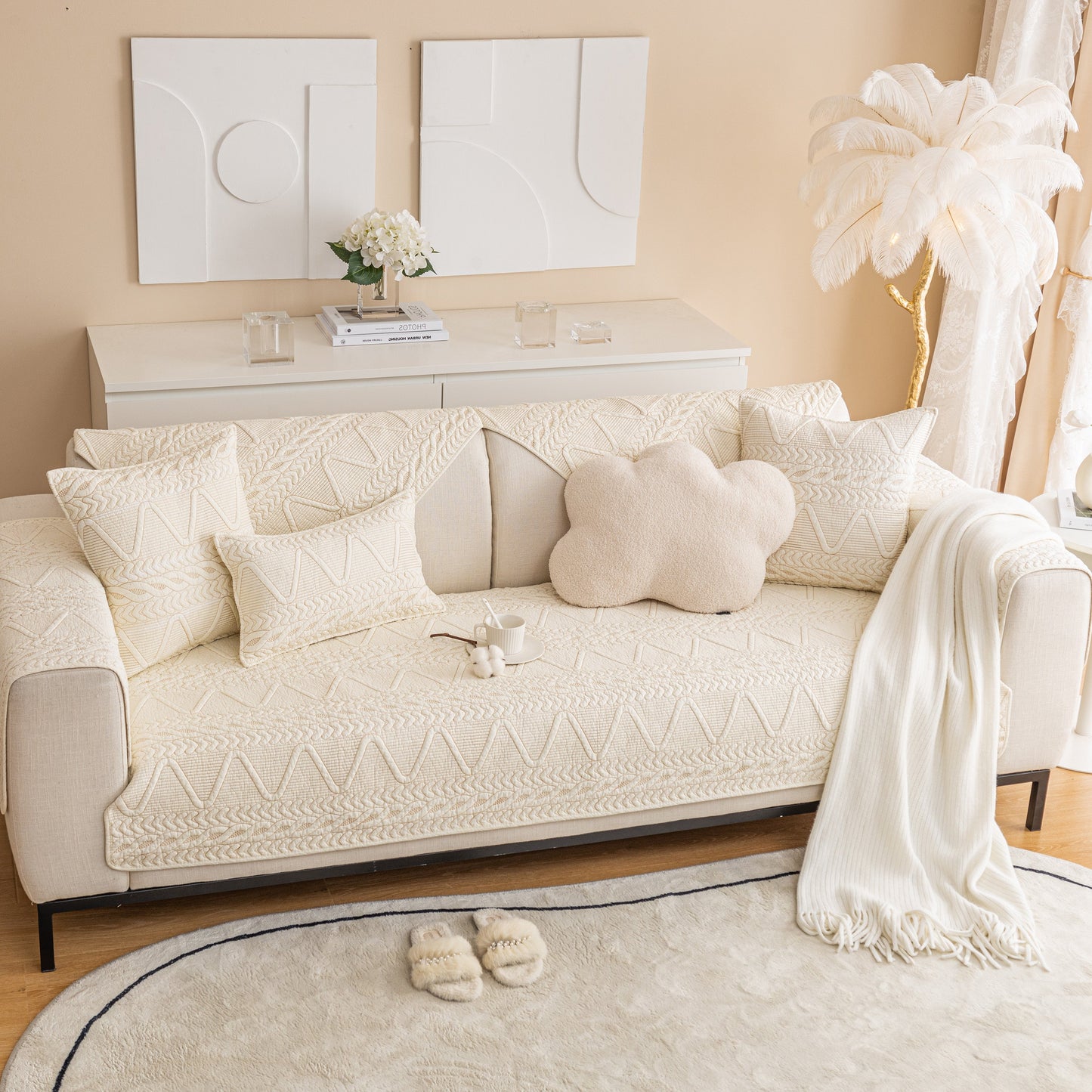 Beige Geometric Textured Cotton Quilted Sofa Cover, Non-Slip Washable Couch Protector enhances a modern living room setup.