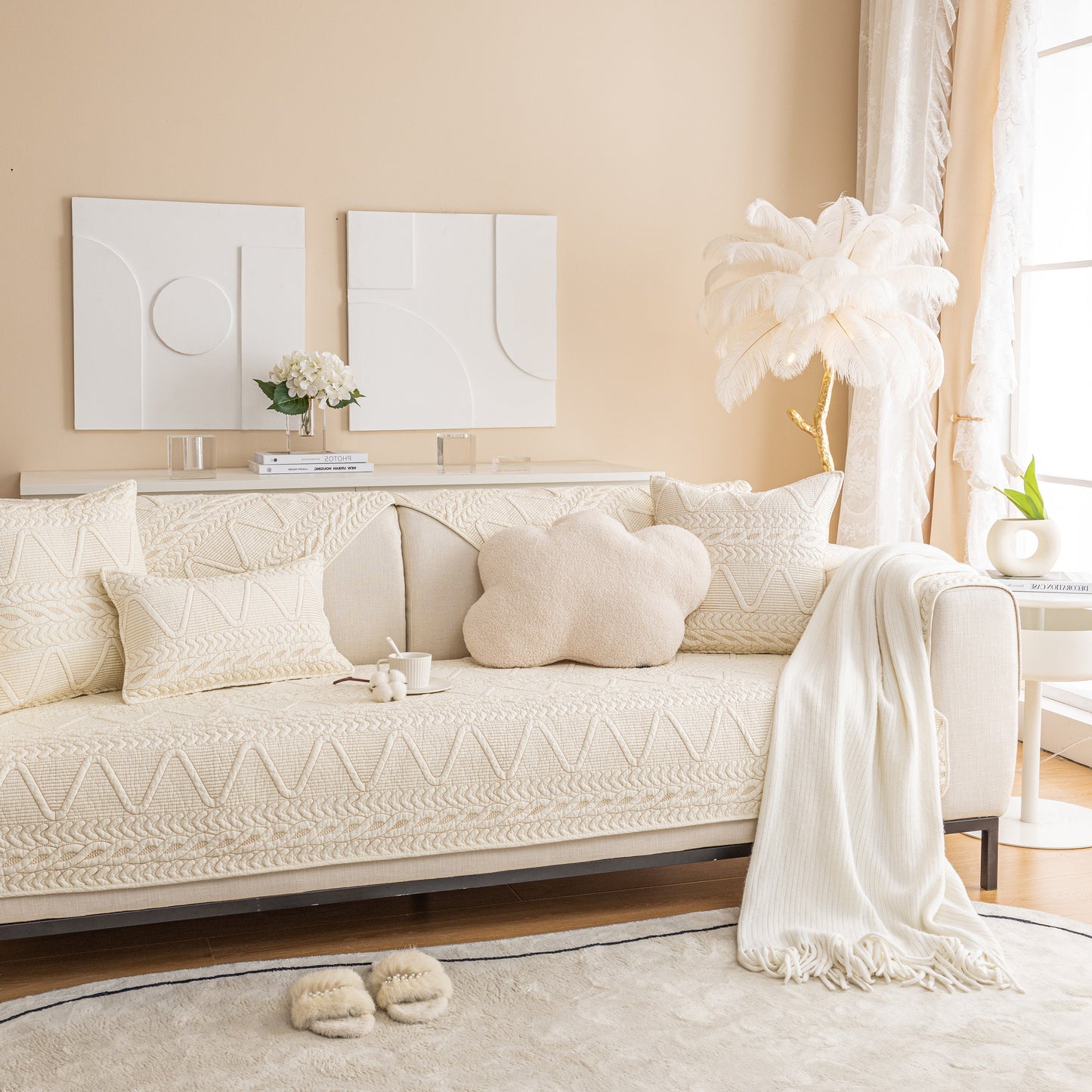 Geometric Textured Cotton Quilted Sofa Cover, Non-Slip Washable Couch Protector in a modern living room setup