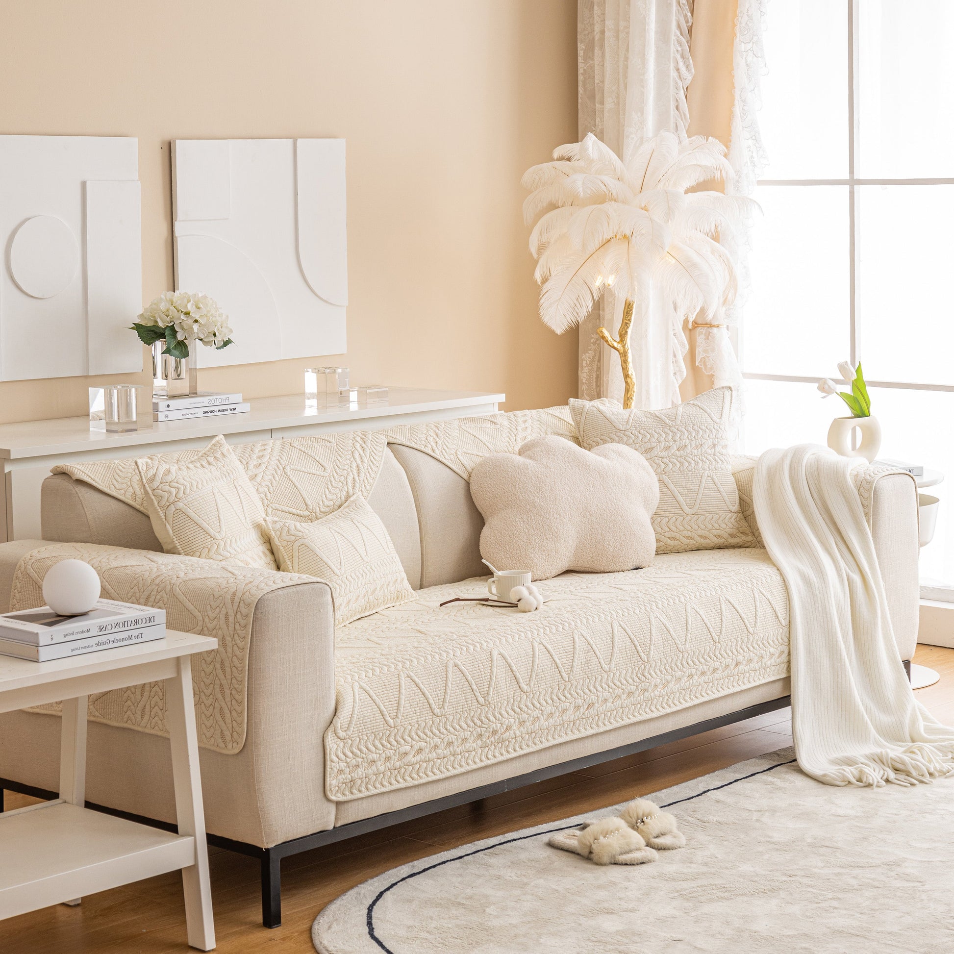 Living room with Geometric Textured Cotton Quilted Sofa Cover, Non-Slip Washable Couch Protector in a modern setting.
