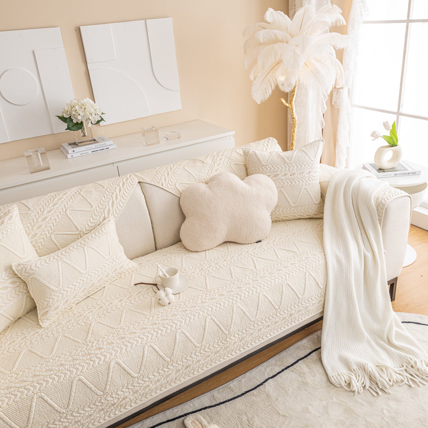 Geometric Textured Cotton Quilted Sofa Cover, Non-Slip Washable Couch Protector adds modern style to living room décor