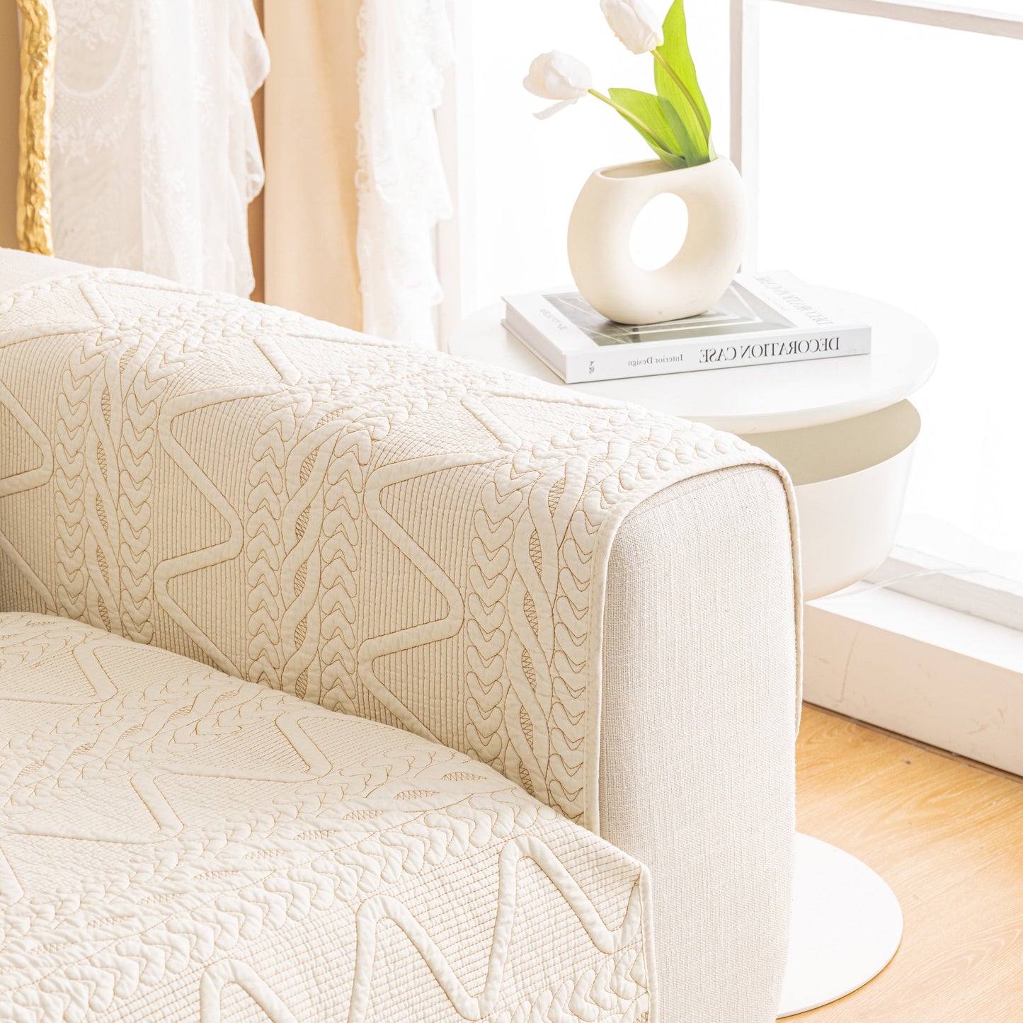 Geometric Textured Cotton Quilted Sofa Cover, Non-Slip Washable Couch Protector with sculptural V-shaped motifs and modern design.