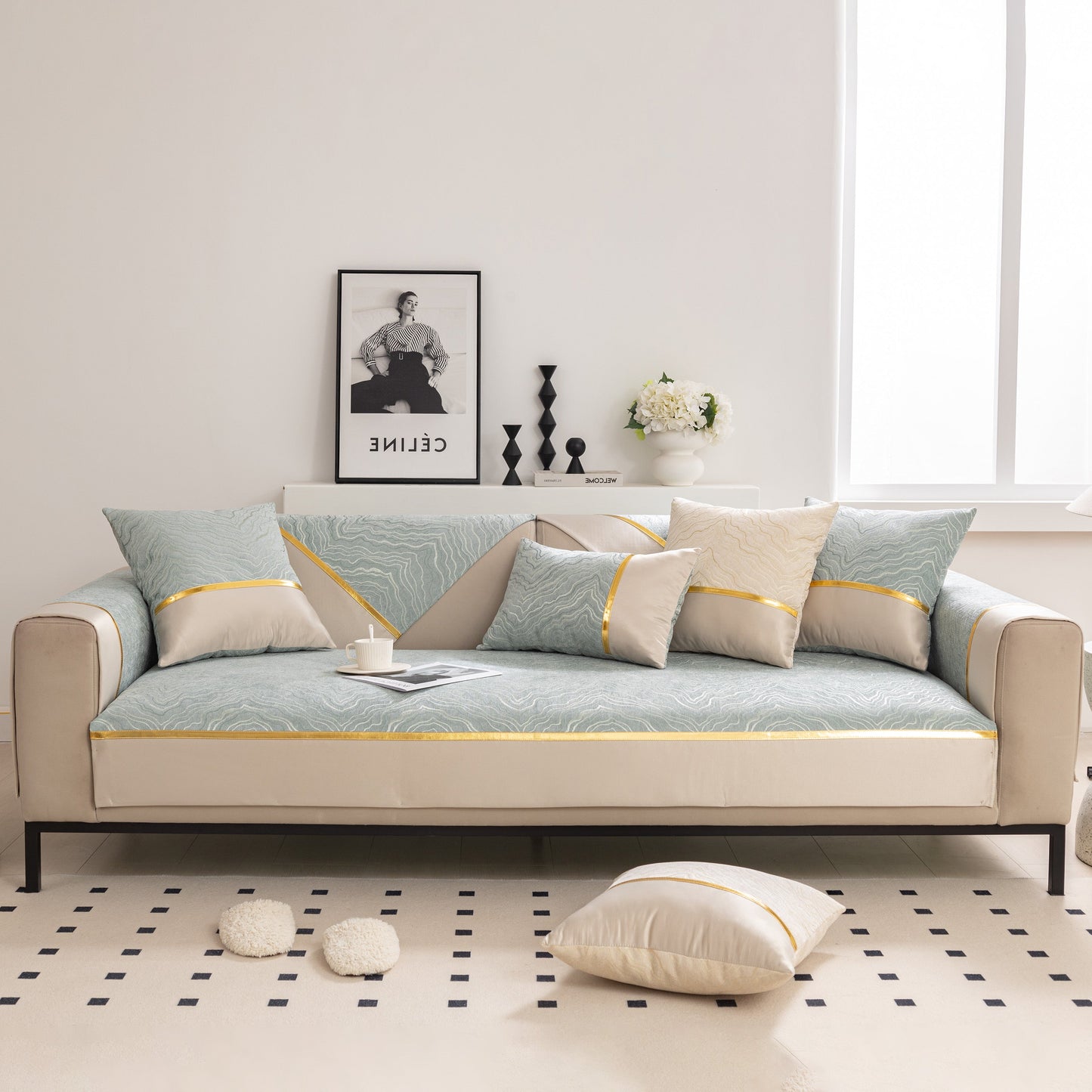 Modular Sofa Cover for Sectionals, Gold Striped Non-Slip Couch Protector on beige couch with decorative cushions and modern decor