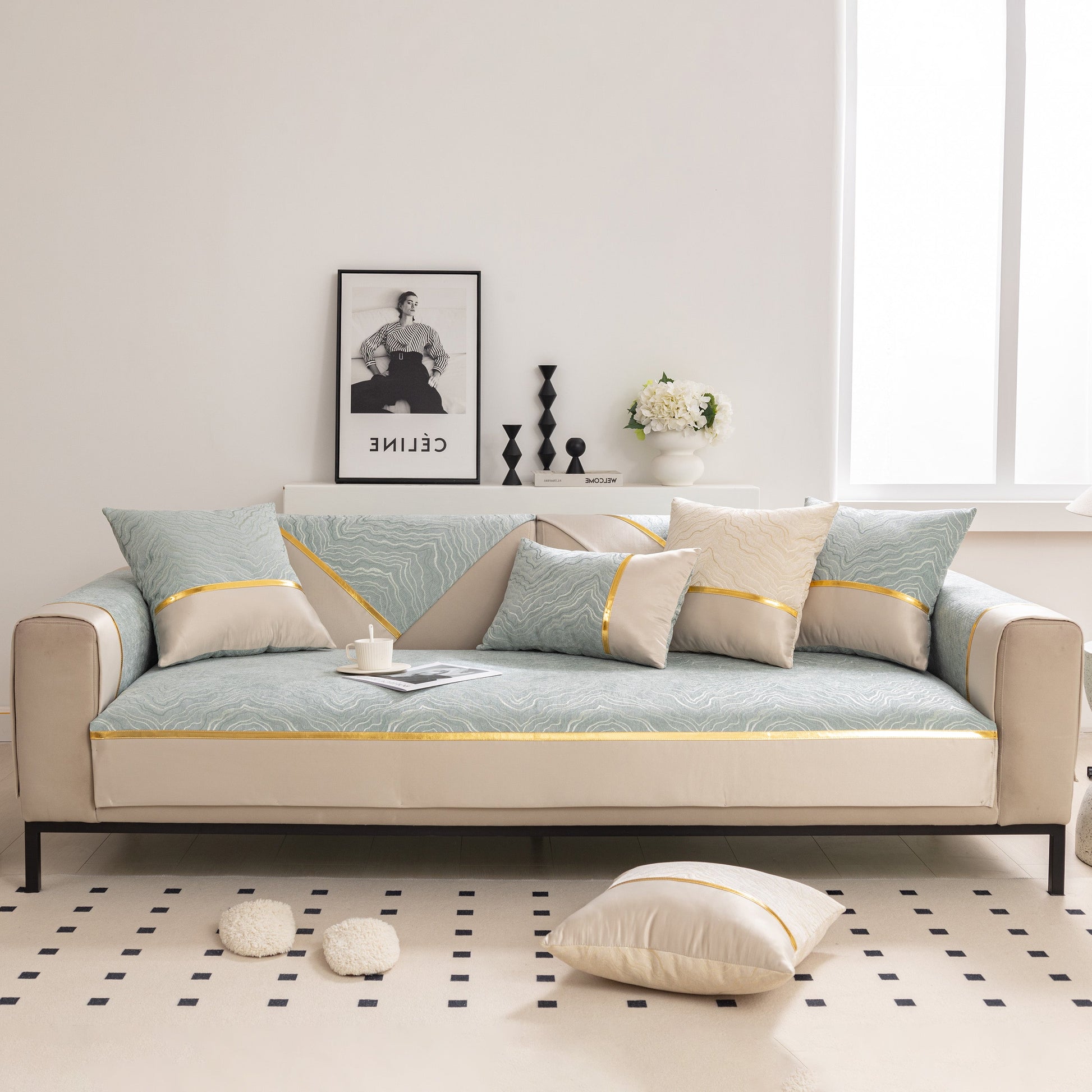 Modular Sofa Cover for Sectionals, Gold Striped Non-Slip Couch Protector on beige couch with decorative cushions and modern decor