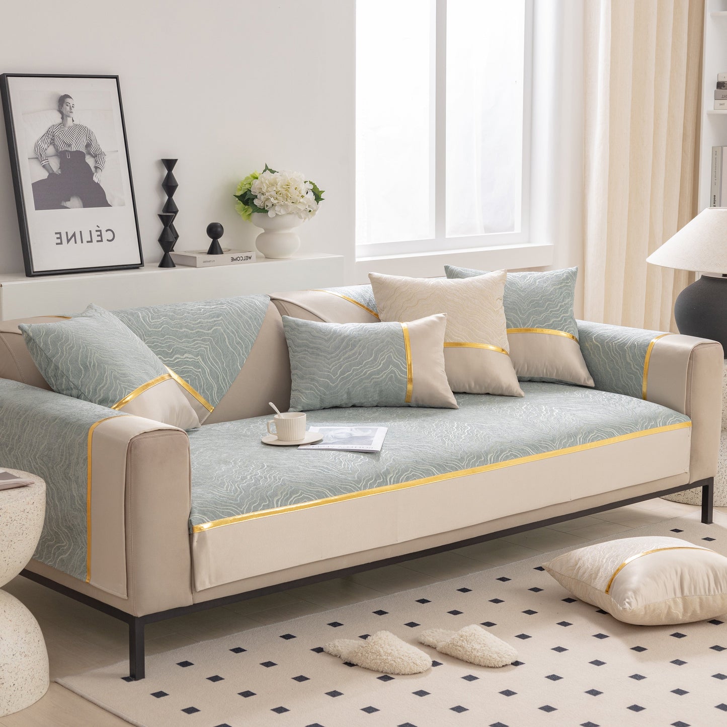Modular Sofa Cover for Sectionals, Gold Striped Non-Slip Couch Protector on modern living room sectional