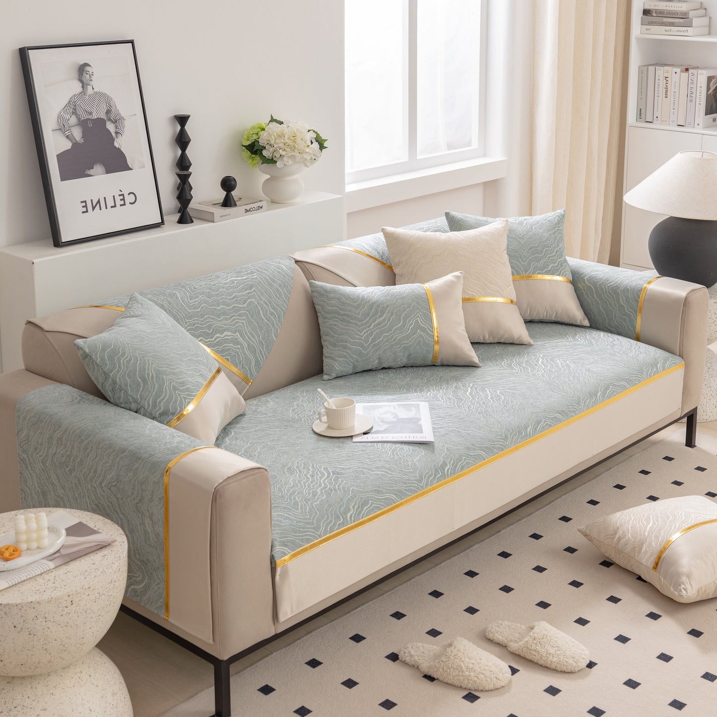 Stylish living room with Modular Sofa Cover for Sectionals, Gold Striped Non-Slip Couch Protector with wave pattern texture.