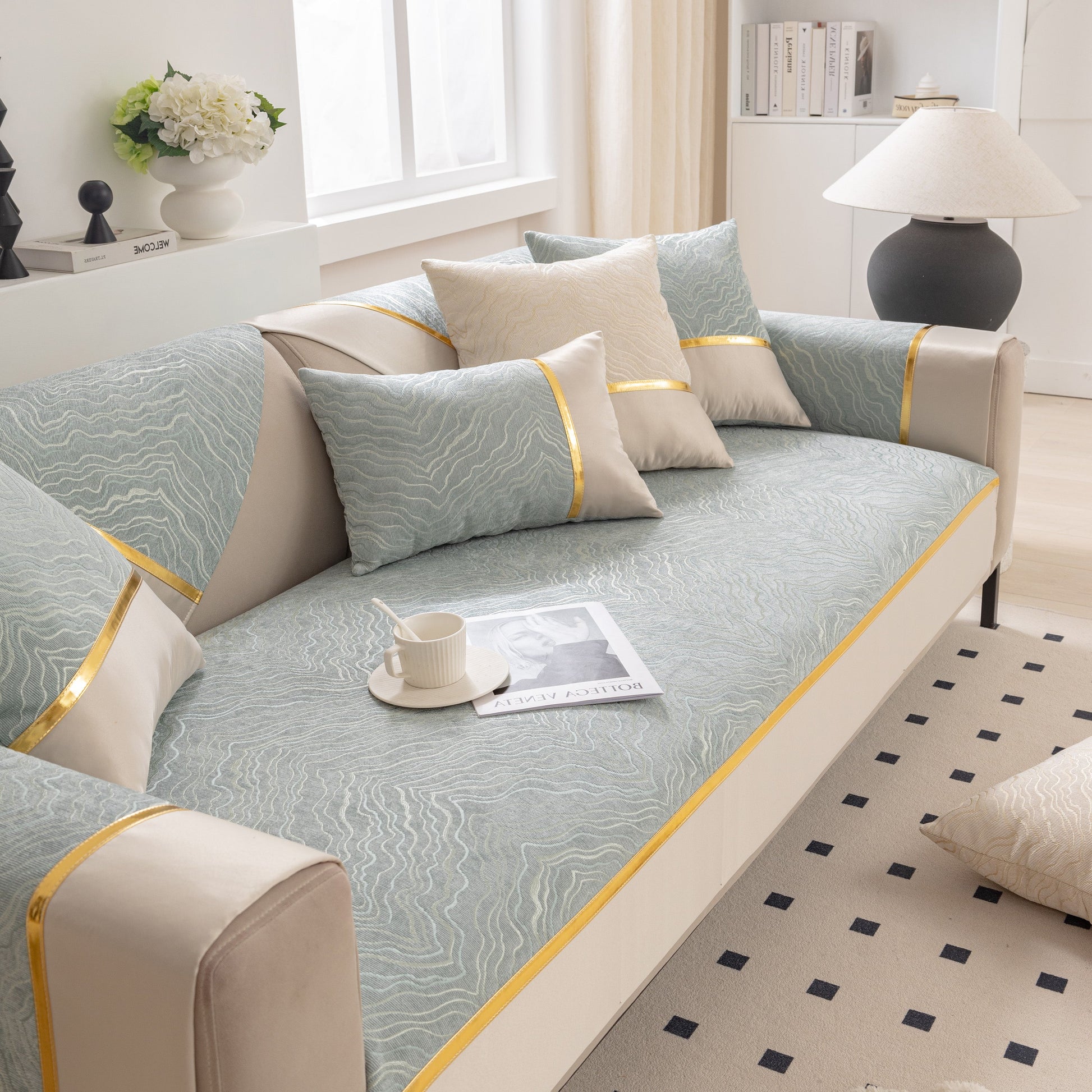 Modular Sofa Cover for Sectionals, Gold Striped Non-Slip Couch Protector in a living room setting with pillows and decor.