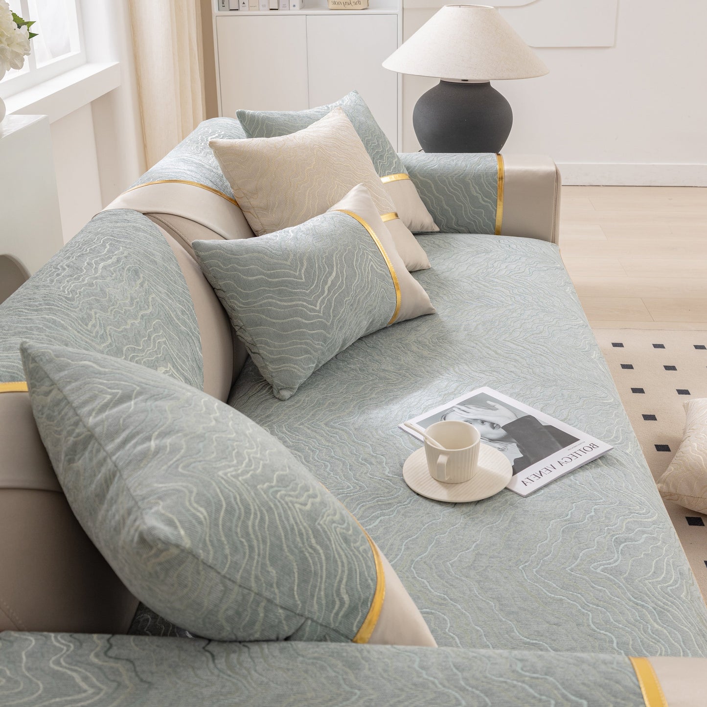 Modular Sofa Cover for Sectionals, Gold Striped Non-Slip Couch Protector in living room setting.