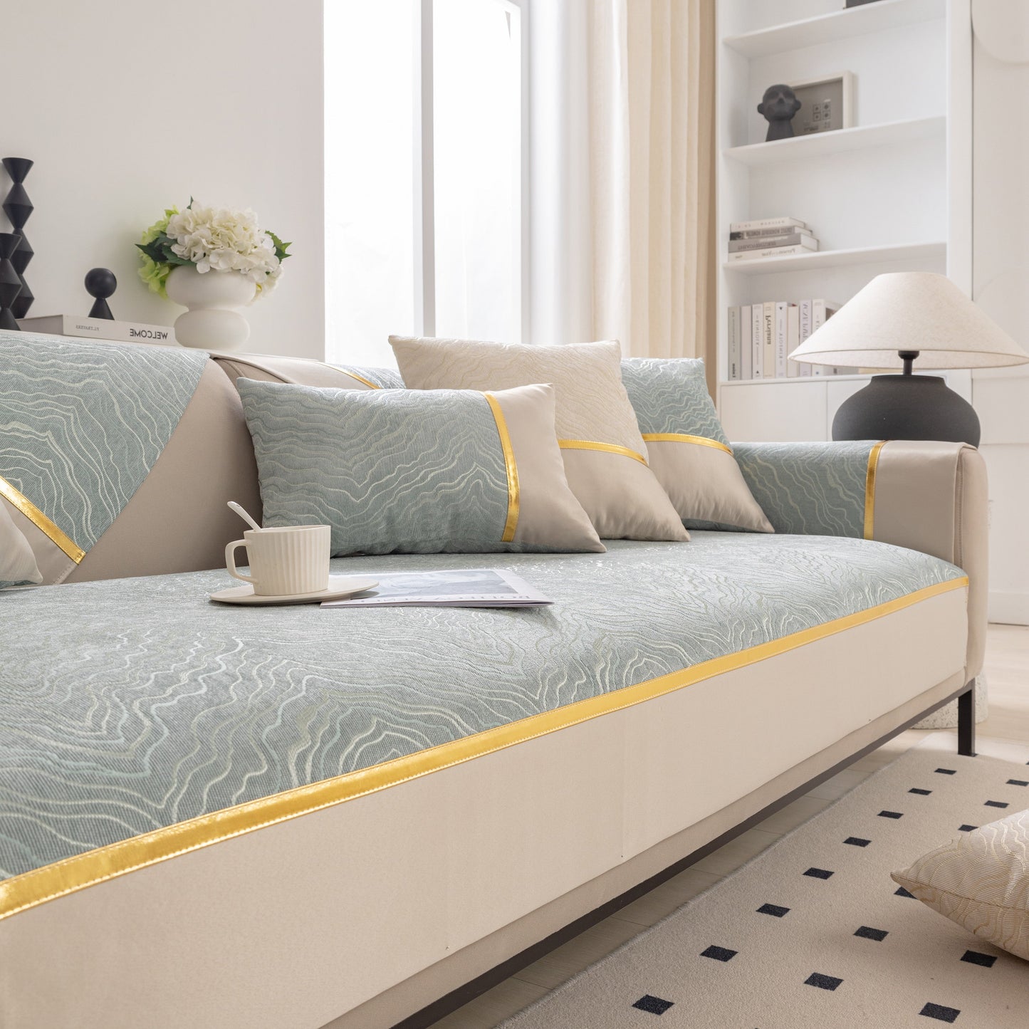 Modular Sofa Cover for Sectionals, Gold Striped Non-Slip Couch Protector with wave pattern texture on a stylish sofa setting