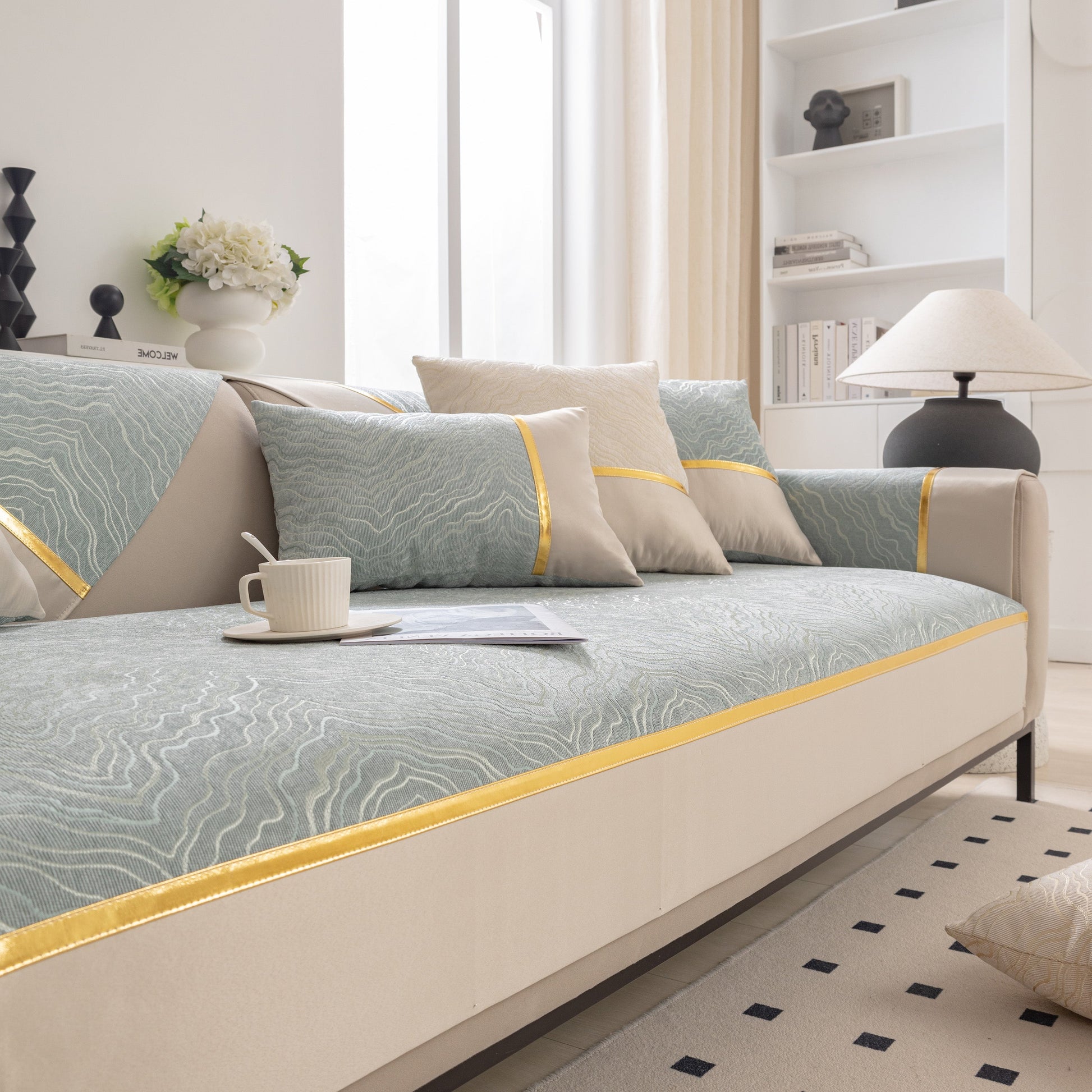 Modular Sofa Cover for Sectionals, Gold Striped Non-Slip Couch Protector with wave pattern texture on a stylish sofa setting