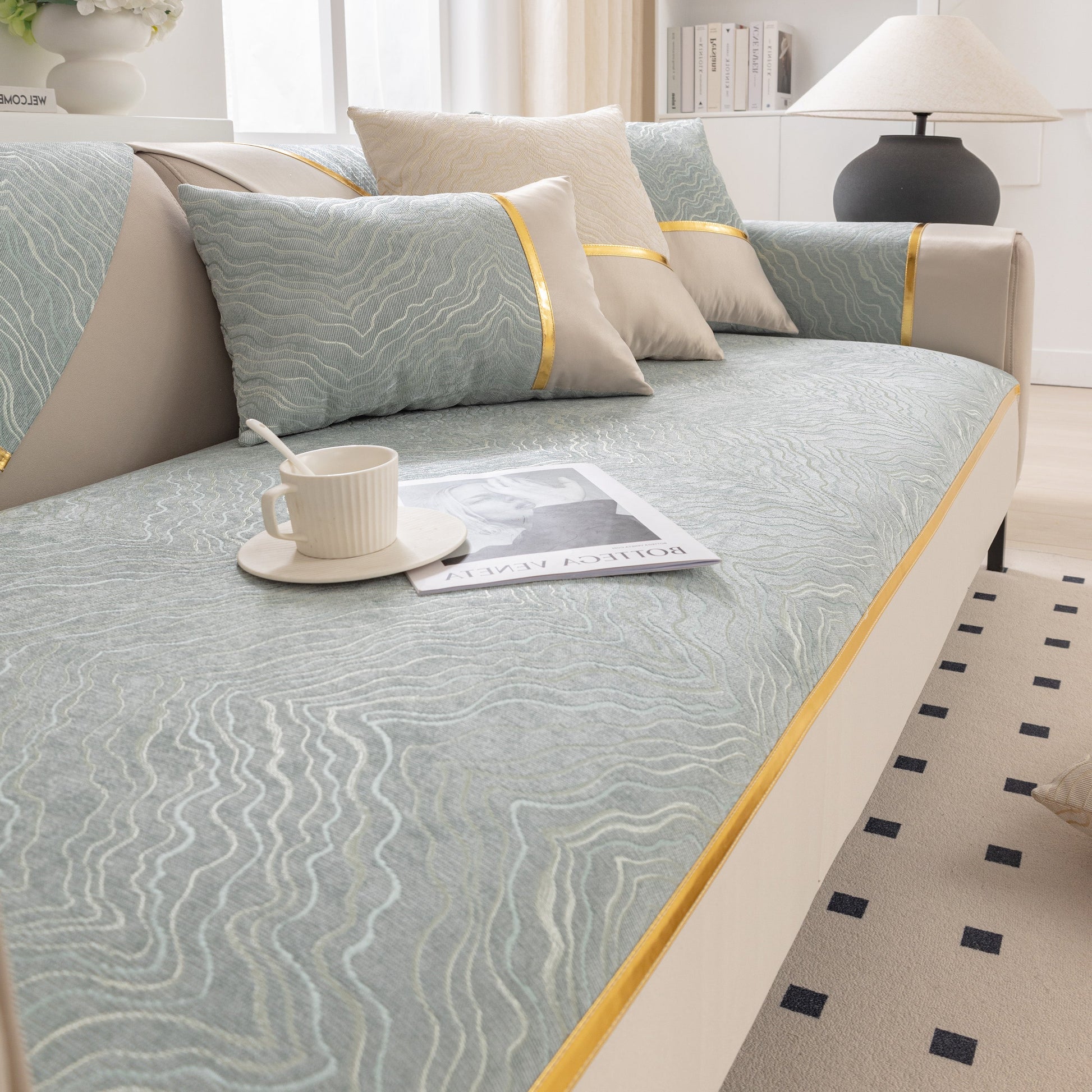 Modular Sofa Cover for Sectionals, Gold Striped Non-Slip Couch Protector with irregular wave pattern and elegant design.