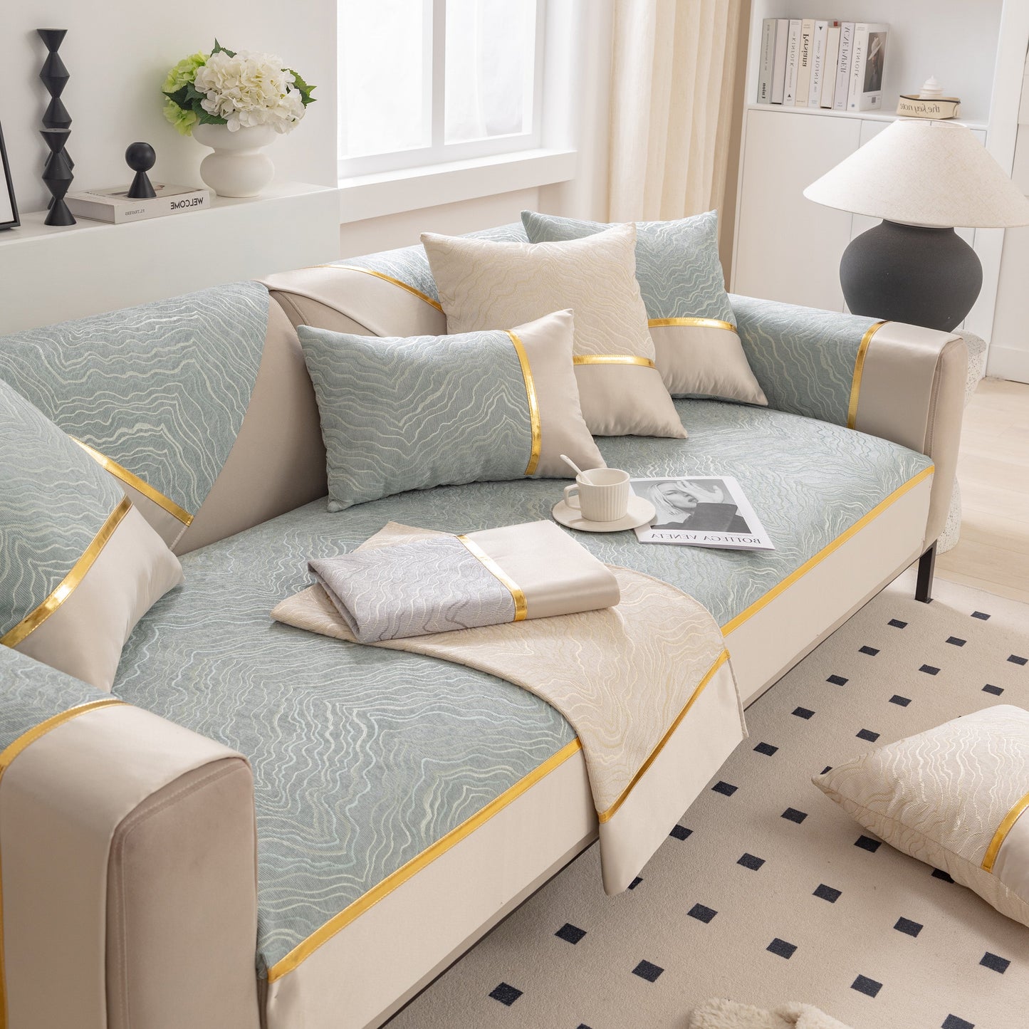 Modular Sofa Cover for Sectionals, Gold Striped Non-Slip Couch Protector displayed in a modern living room setting.