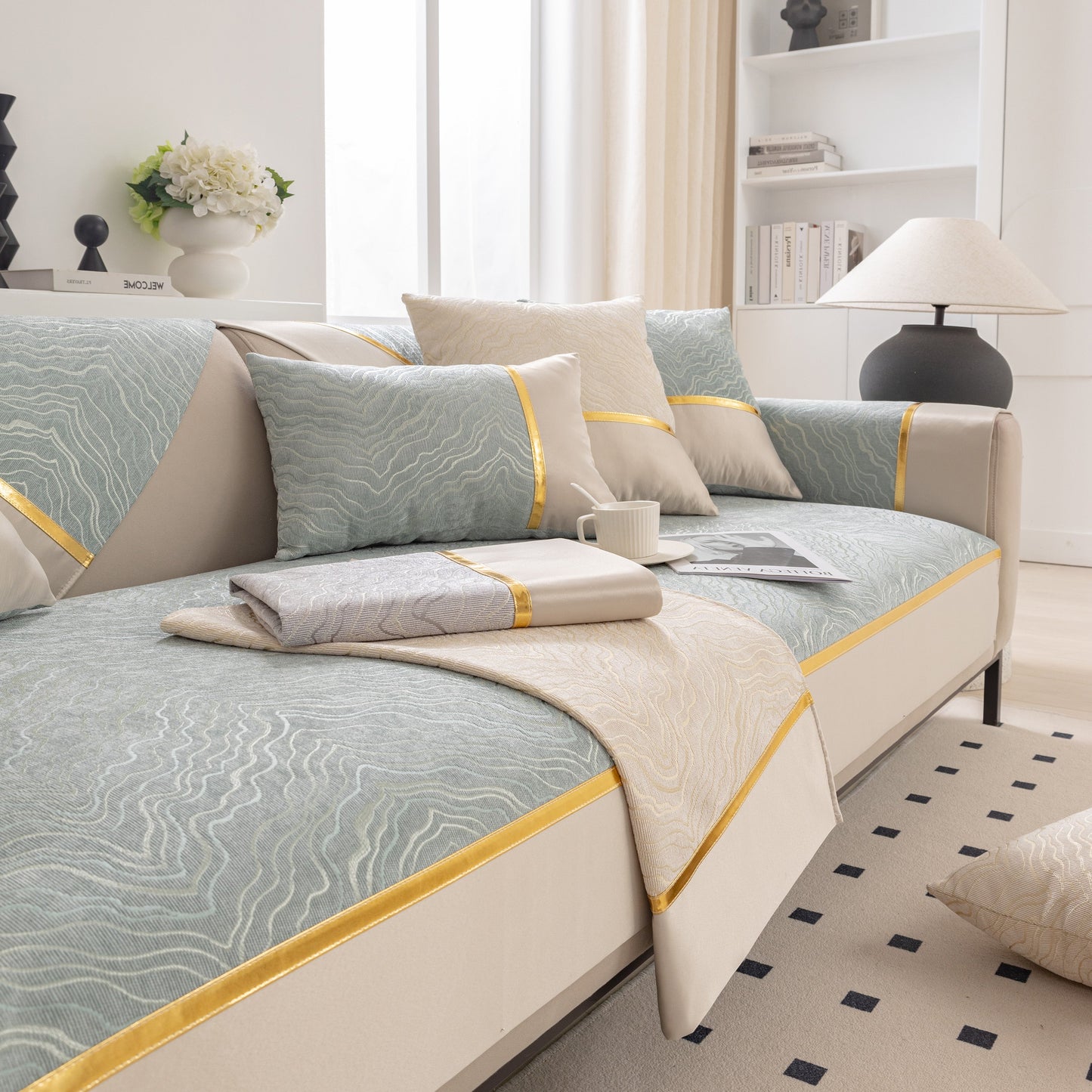 Modular Sofa Cover for Sectionals, Gold Striped Non-Slip Couch Protector with wave pattern texture and gold stripe accents on a sectional sofa.
