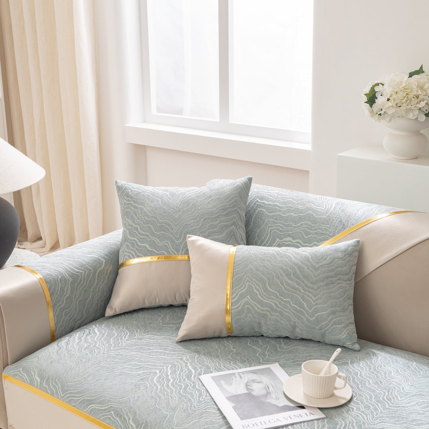Modular Sofa Cover for Sectionals, Gold Striped Non-Slip Couch Protector enhancing living room decor