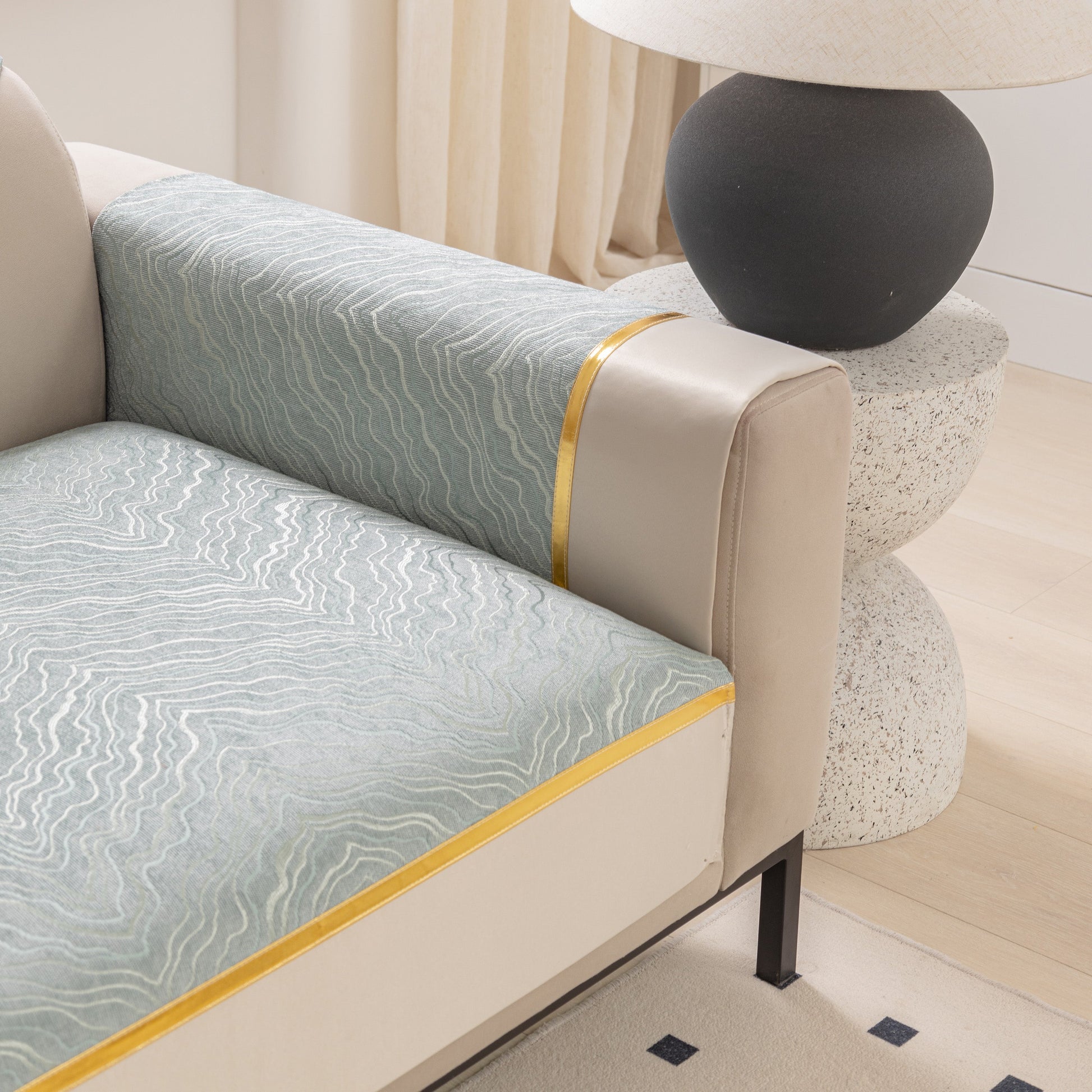 Modular Sofa Cover for Sectionals, Gold Striped Non-Slip Couch Protector on a modern gray sofa showing the design and texture