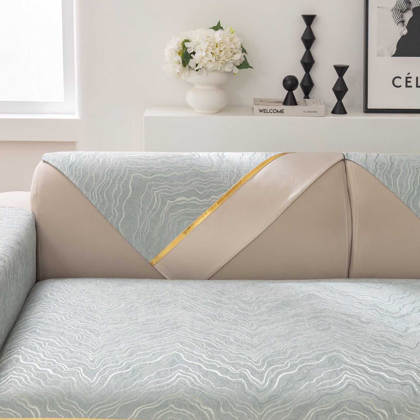 Modular Sofa Cover for Sectionals, Gold Striped Non-Slip Couch Protector with wave pattern and elegant gold accents.
