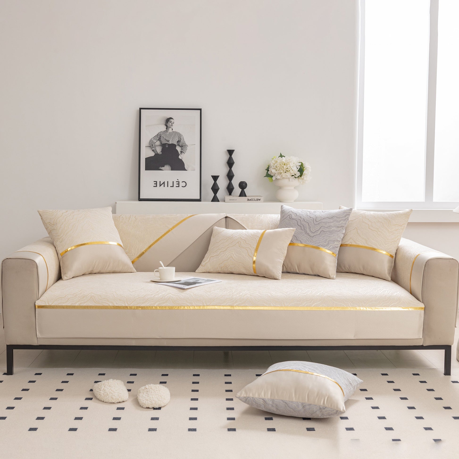 Modular Sofa Cover for Sectionals, Gold Striped Non-Slip Couch Protector displayed on a beige sofa with decorative pillows in a modern room.