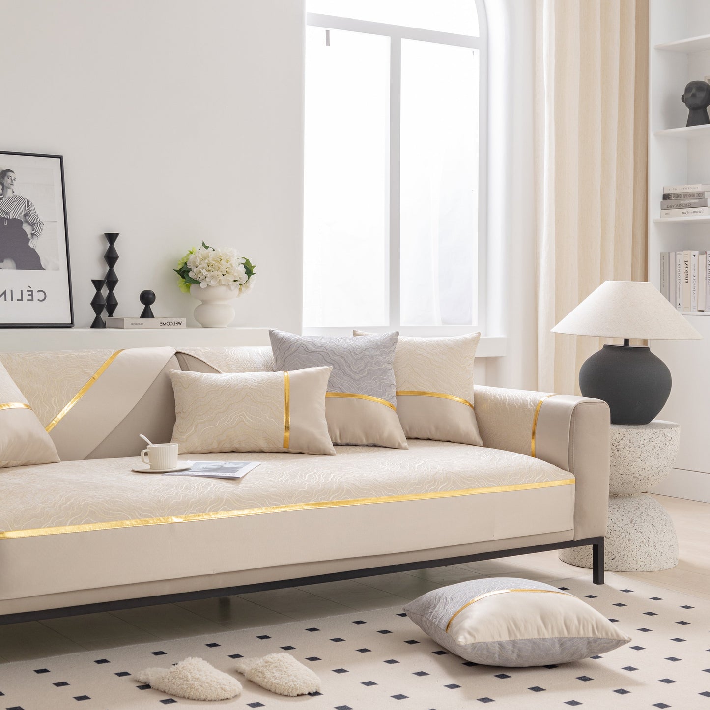 Modular Sofa Cover for Sectionals, Gold Striped Non-Slip Couch Protector on modern sectional in stylish living room