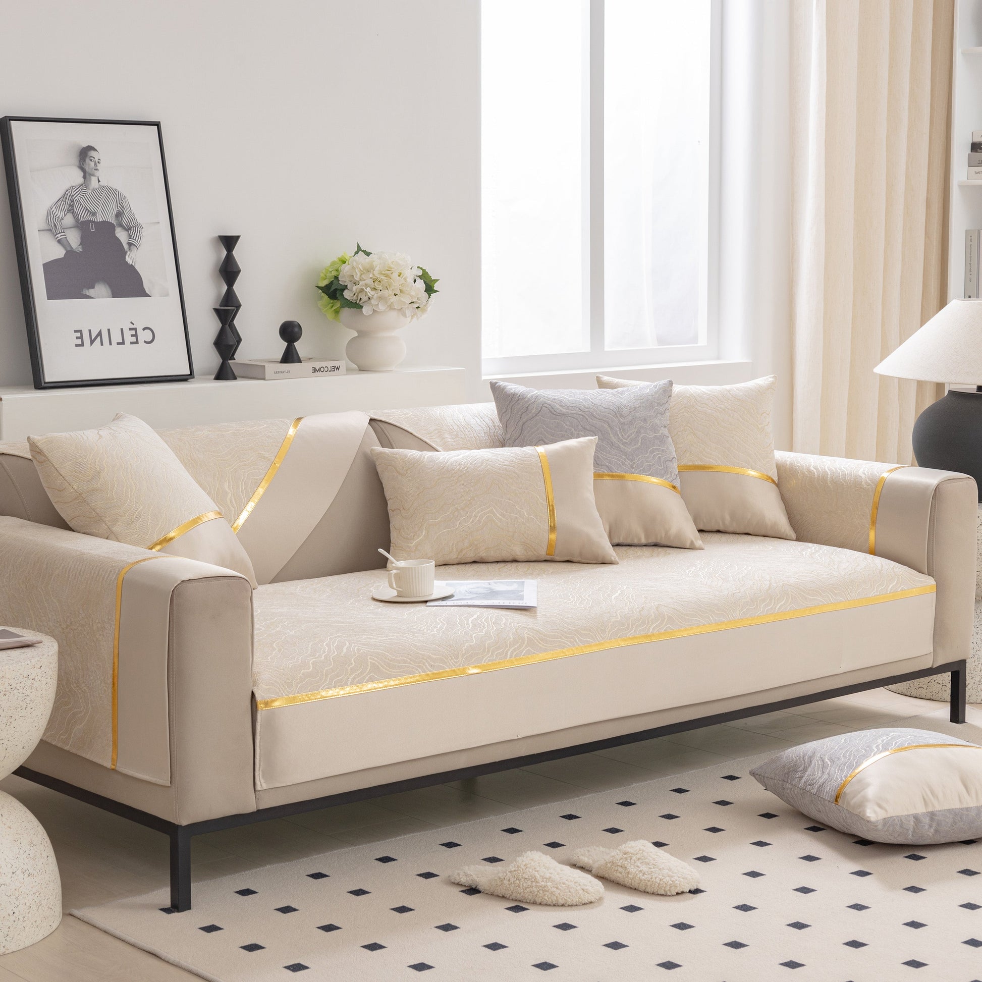 Modular Sofa Cover for Sectionals, Gold Striped Non-Slip Couch Protector on a beige sofa in a stylish living room.