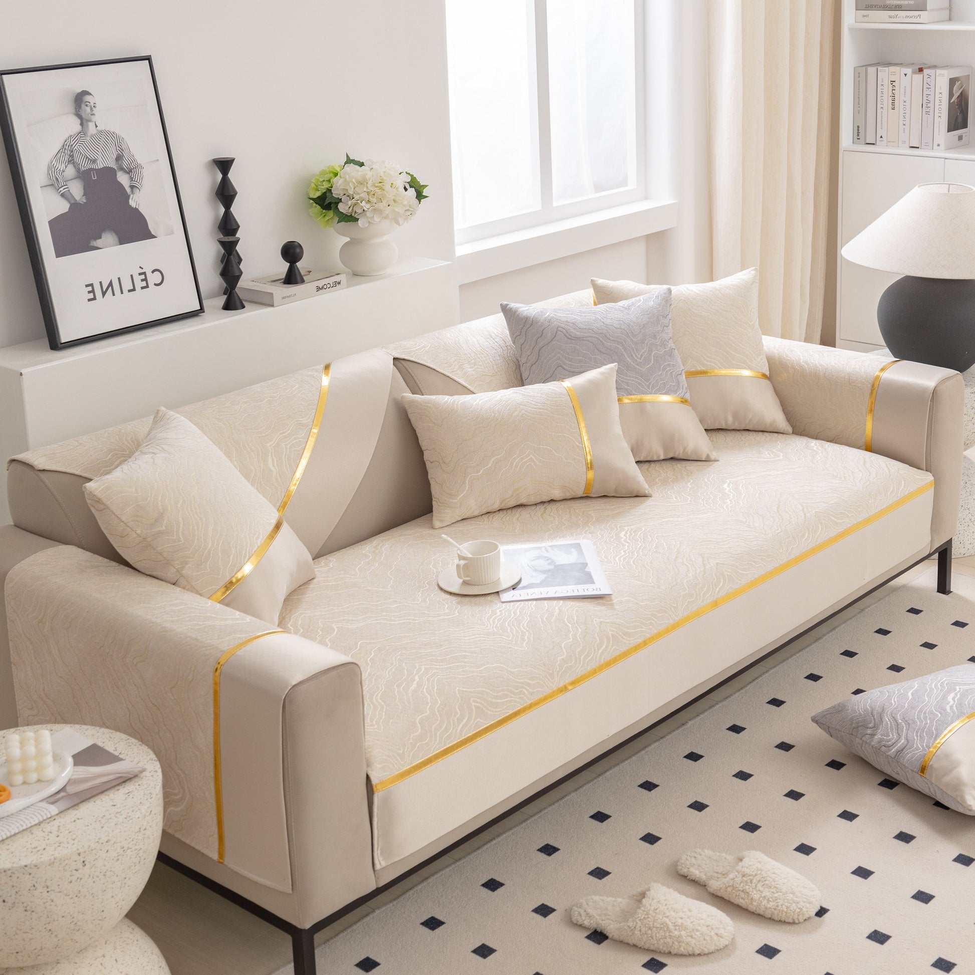 Modular Sofa Cover for Sectionals, Gold Striped Non-Slip Couch Protector with wave pattern on beige sofa in living room