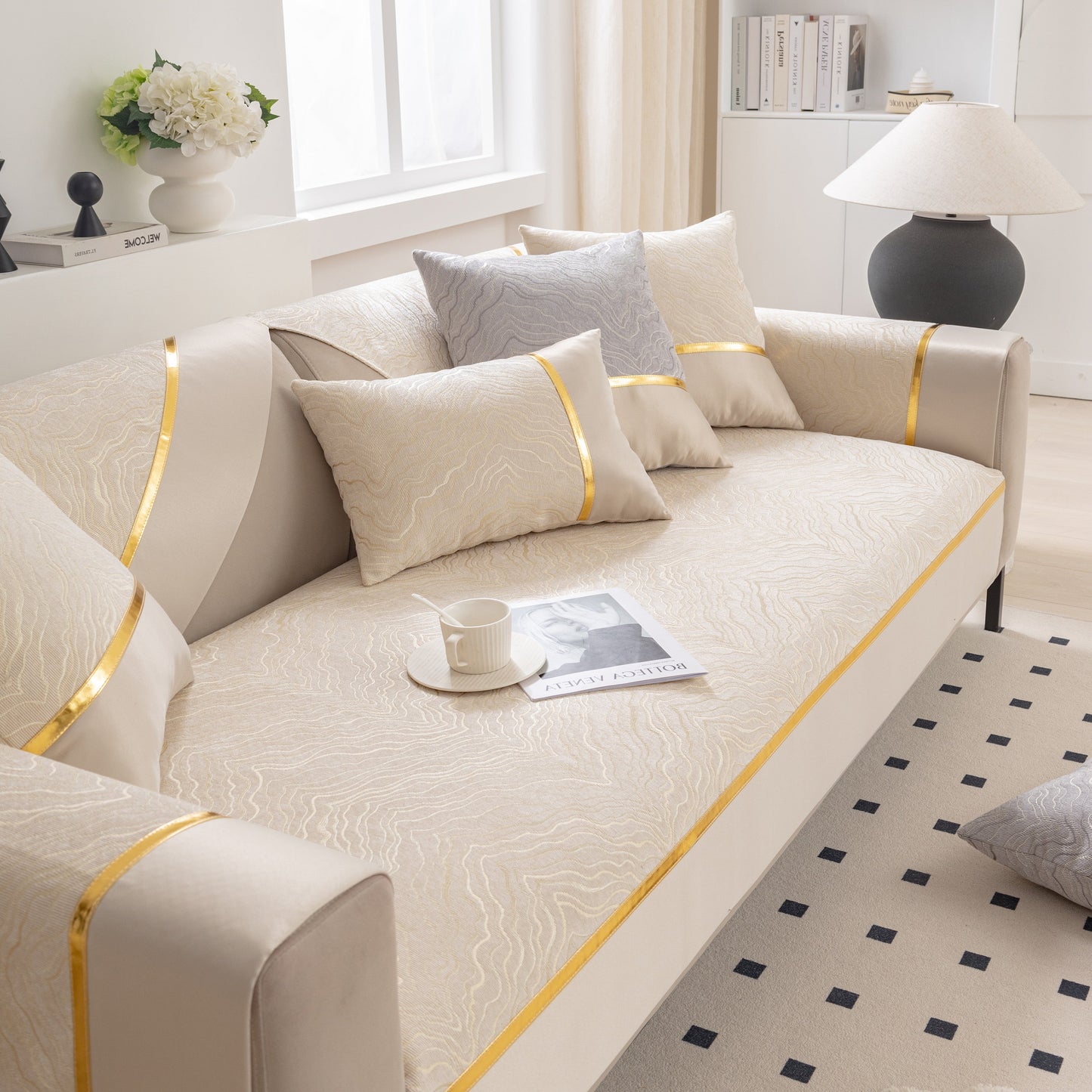 Modular Sofa Cover for Sectionals, Gold Striped Non-Slip Couch Protector on beige couch in elegant living room setting