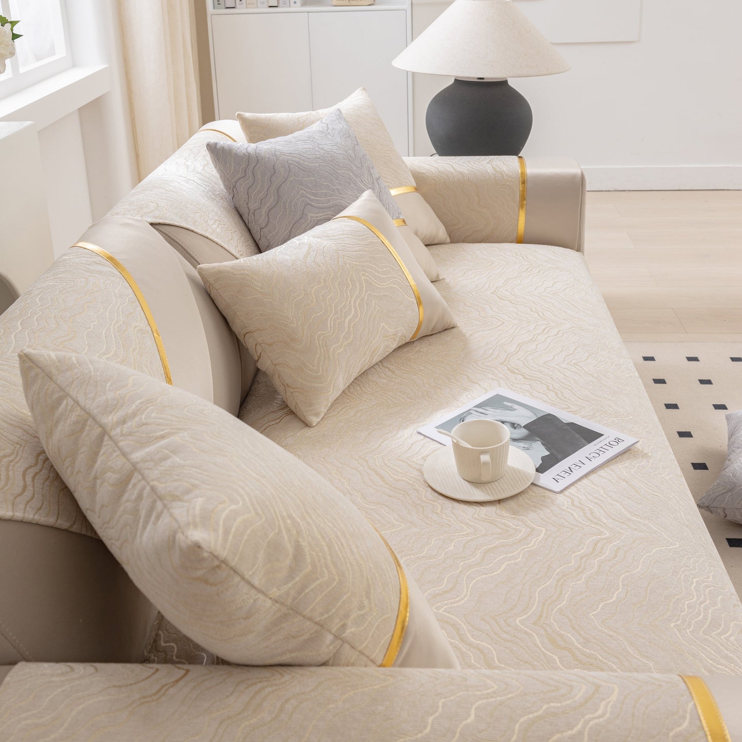 Living room with Modular Sofa Cover for Sectionals, Gold Striped Non-Slip Couch Protector featuring wave pattern and gold accents.
