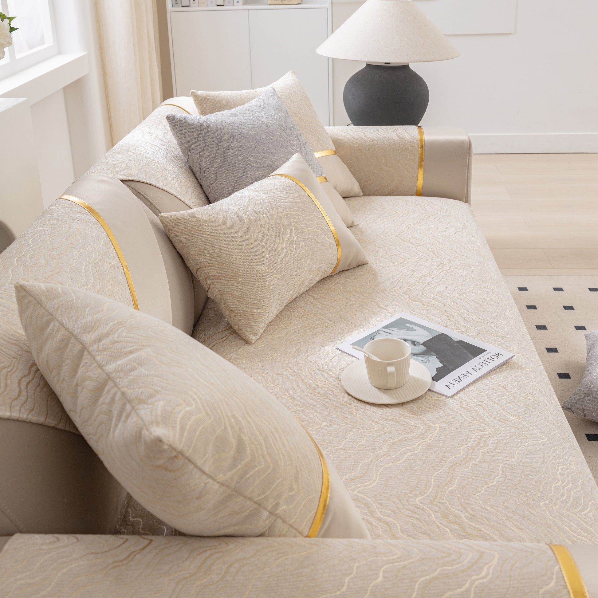 Living room with Modular Sofa Cover for Sectionals, Gold Striped Non-Slip Couch Protector featuring wave pattern and gold accents.