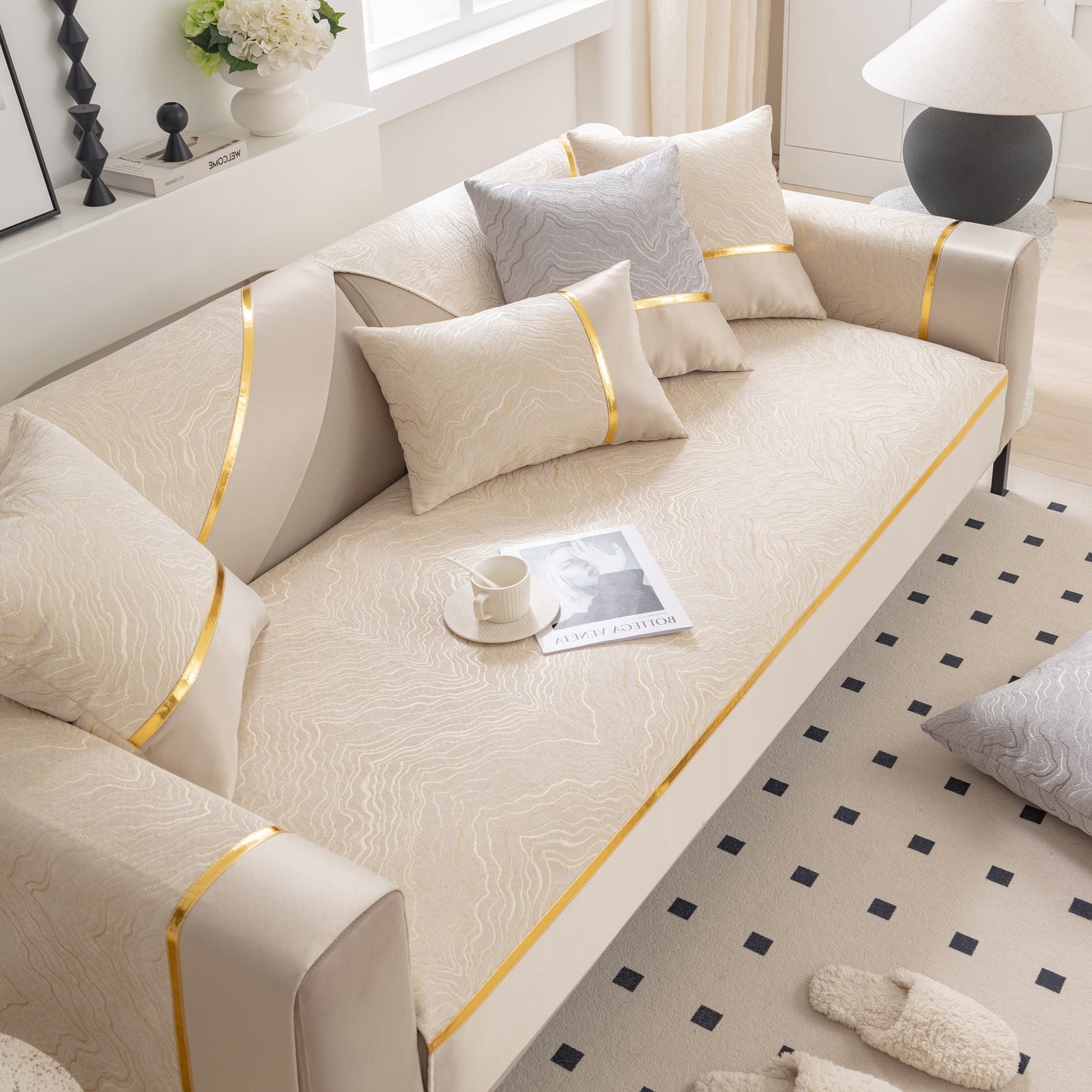 Modular Sofa Cover for Sectionals, Gold Striped Non-Slip Couch Protector with elegant texture and decorative pillows in living room setting