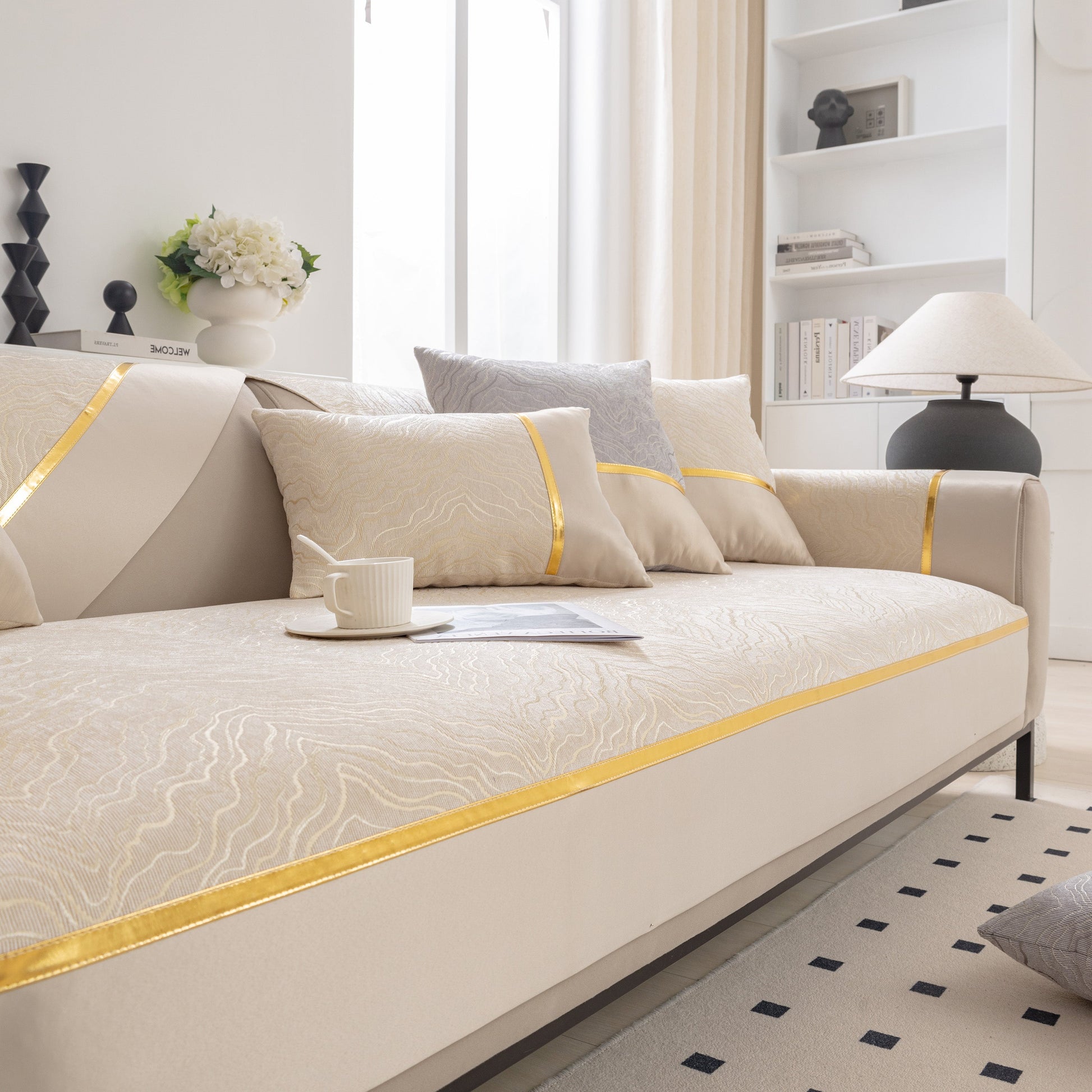 Modular Sofa Cover for Sectionals, Gold Striped Non-Slip Couch Protector in a contemporary living room setting.