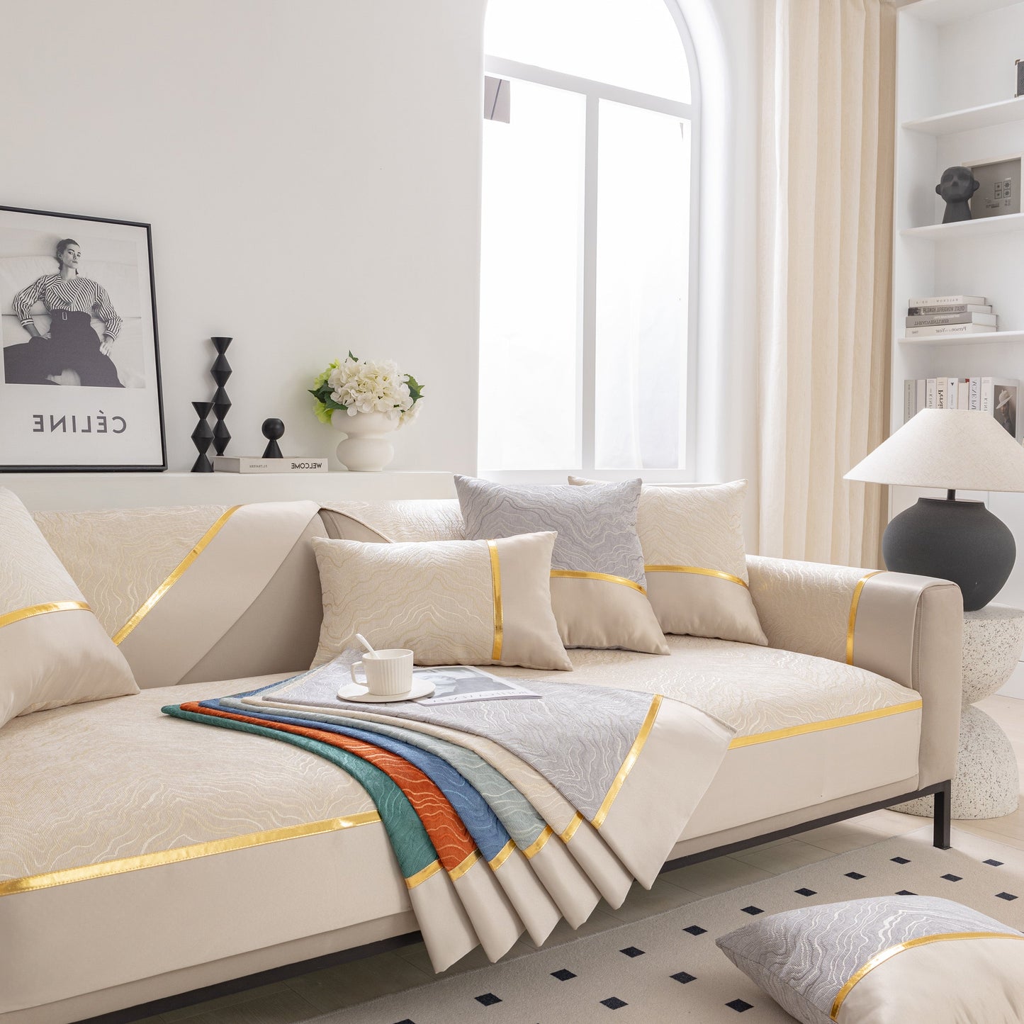 Modern living room with Modular Sofa Cover for Sectionals, Gold Striped Non-Slip Couch Protector on beige sectional sofa.