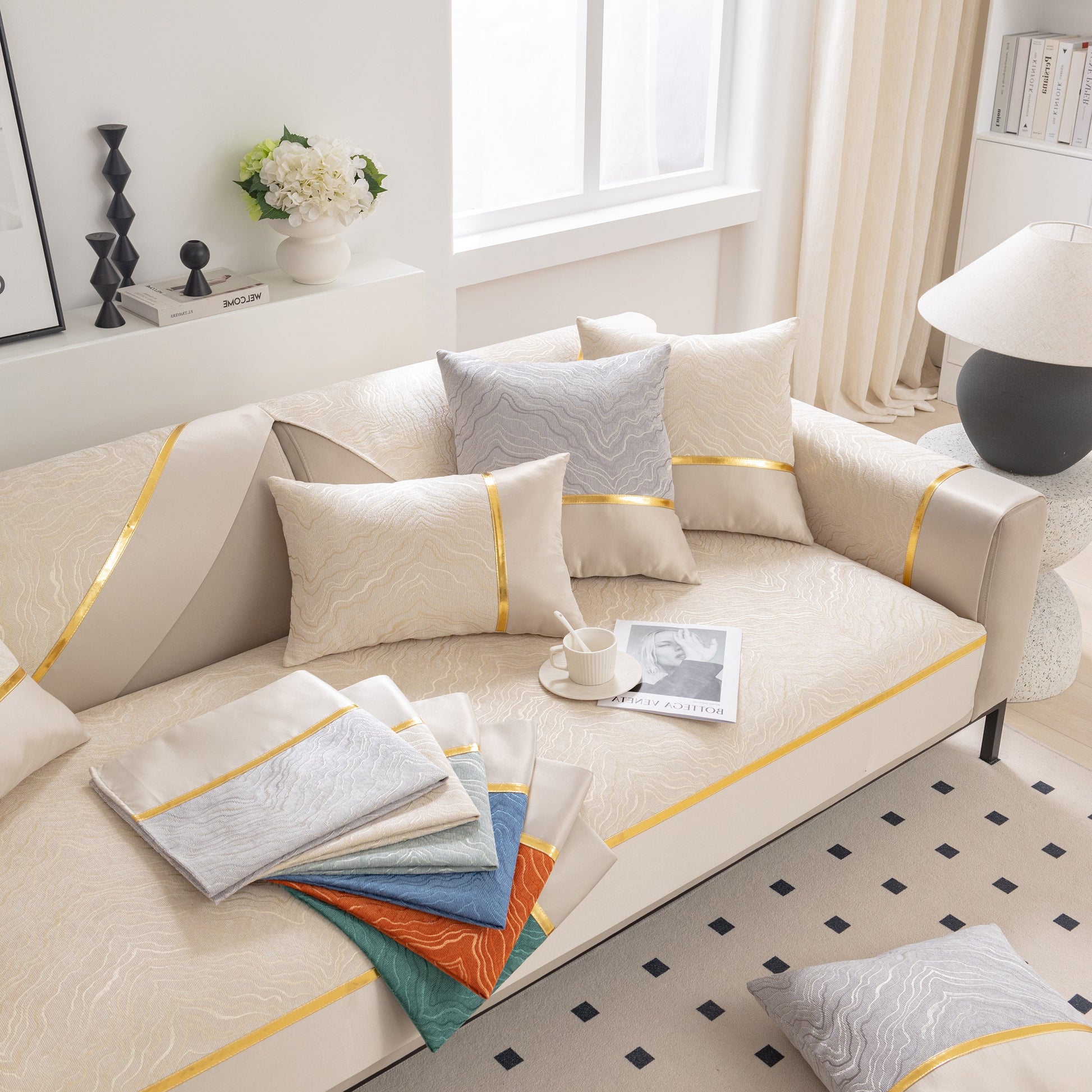Modular Sofa Cover for Sectionals, Gold Striped Non-Slip Couch Protector with elegant pillows and wave pattern texture
