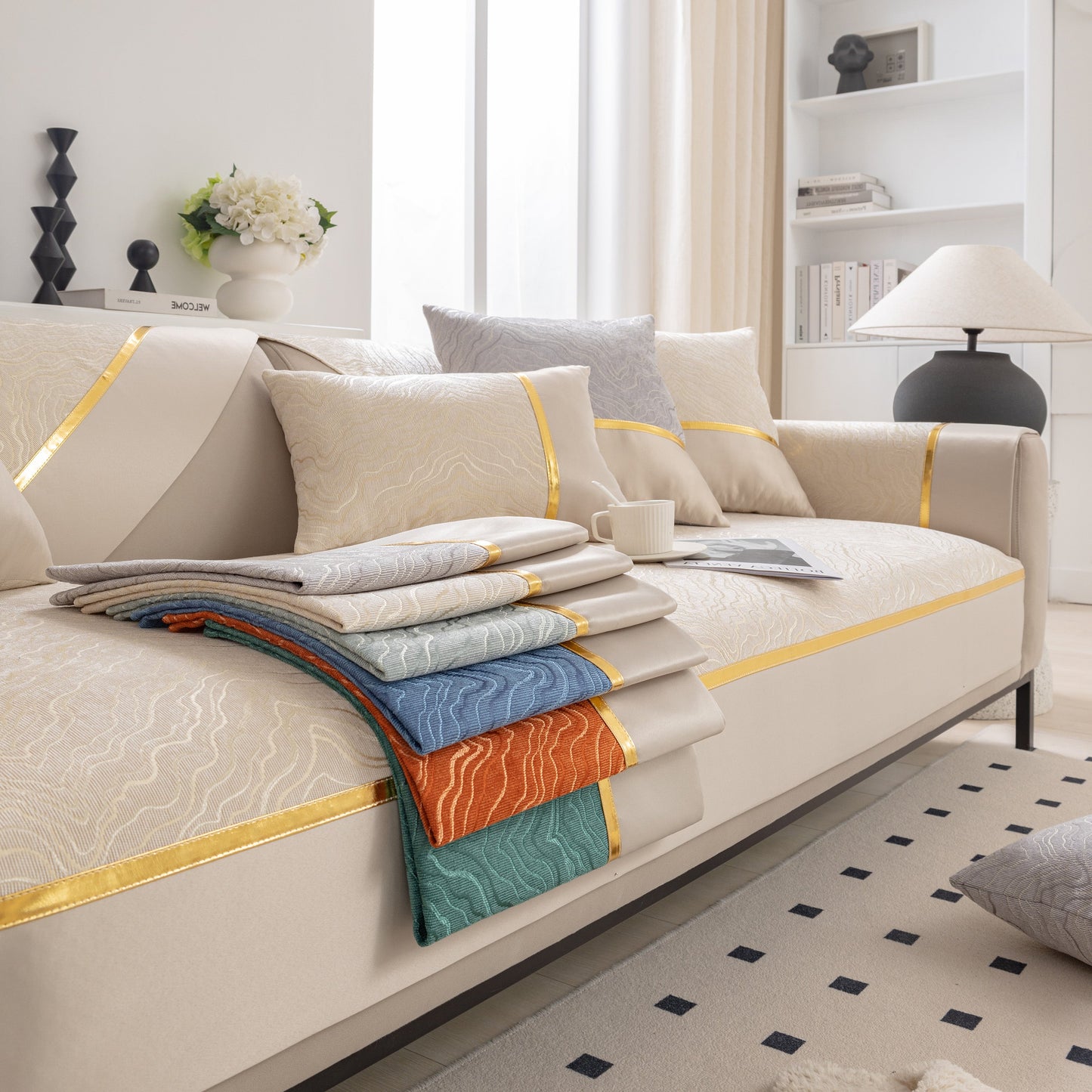 Modular Sofa Cover for Sectionals, Gold Striped Non-Slip Couch Protector with wave pattern and elegant gold stripe design