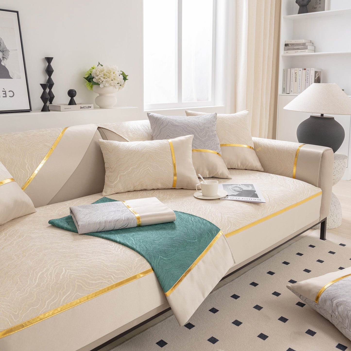 Modular Sofa Cover for Sectionals, Gold Striped Non-Slip Couch Protector in a modern living room setting with decorative cushions and textures.