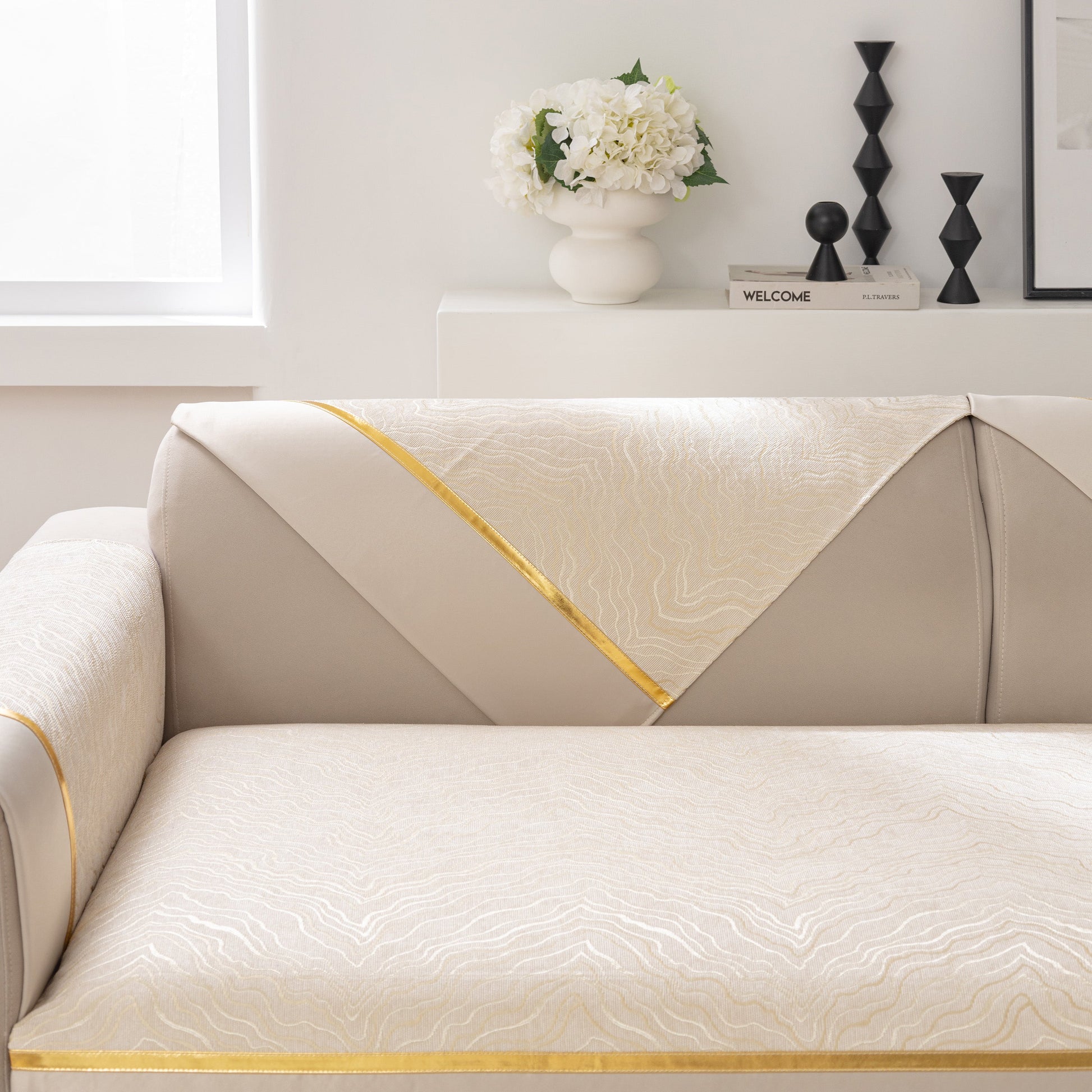 Modular Sofa Cover for Sectionals, Gold Striped Non-Slip Couch Protector on beige sectional with elegant decor