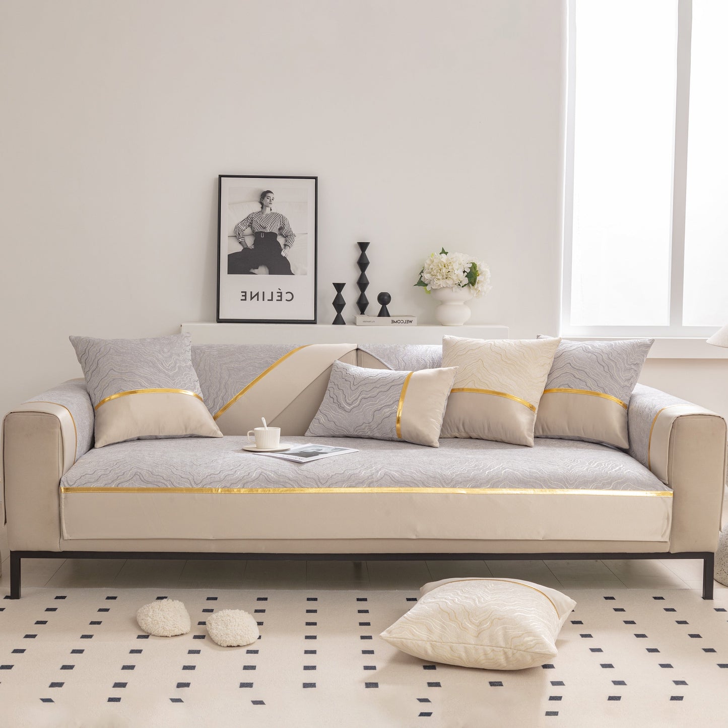 Modular Sofa Cover for Sectionals, Gold Striped Non-Slip Couch Protector on a beige couch with decorative pillows.