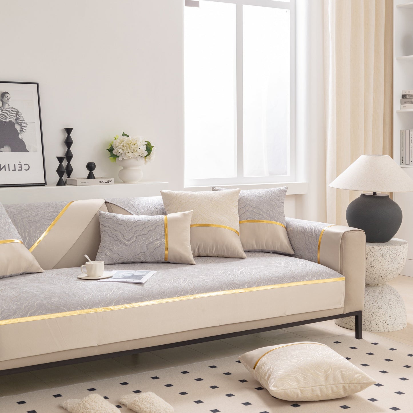 Modular Sofa Cover for Sectionals, Gold Striped Non-Slip Couch Protector displayed on beige sectional sofa in modern living room setting.