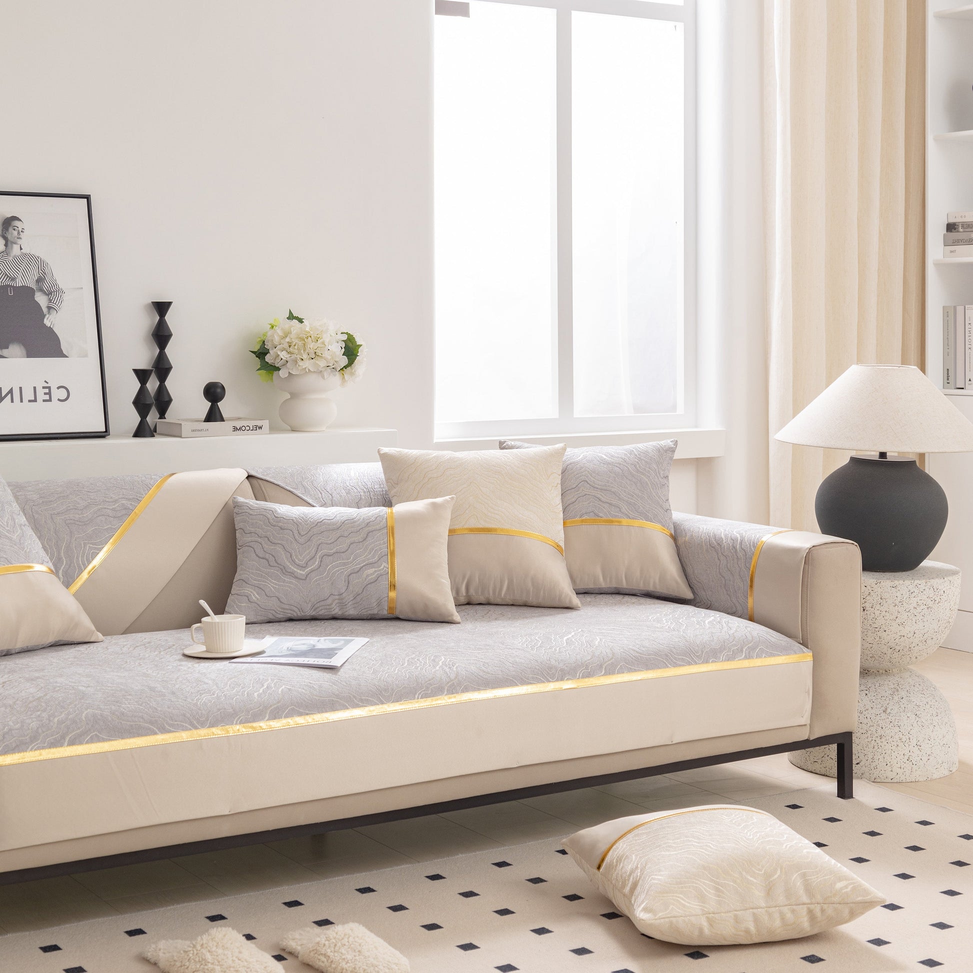 Modular Sofa Cover for Sectionals, Gold Striped Non-Slip Couch Protector displayed on beige sectional sofa in modern living room setting.