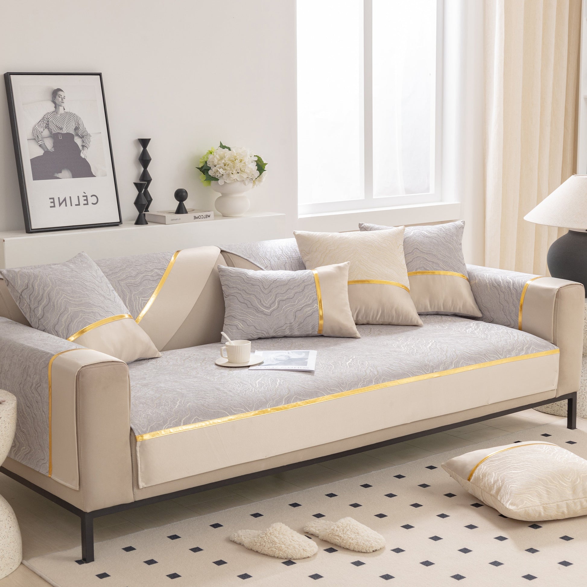Modular Sofa Cover for Sectionals, Gold Striped Non-Slip Couch Protector on beige sofa in modern living room.
