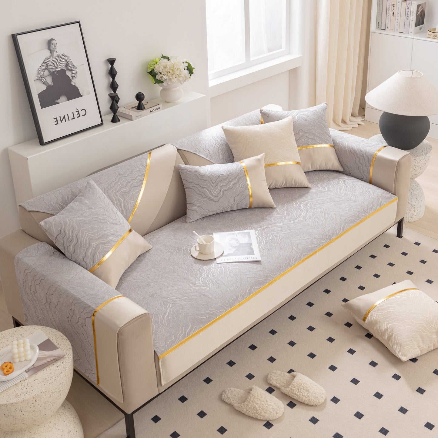 Living room with Modular Sofa Cover for Sectionals, Gold Striped Non-Slip Couch Protector, featuring elegant design and gold accents.
