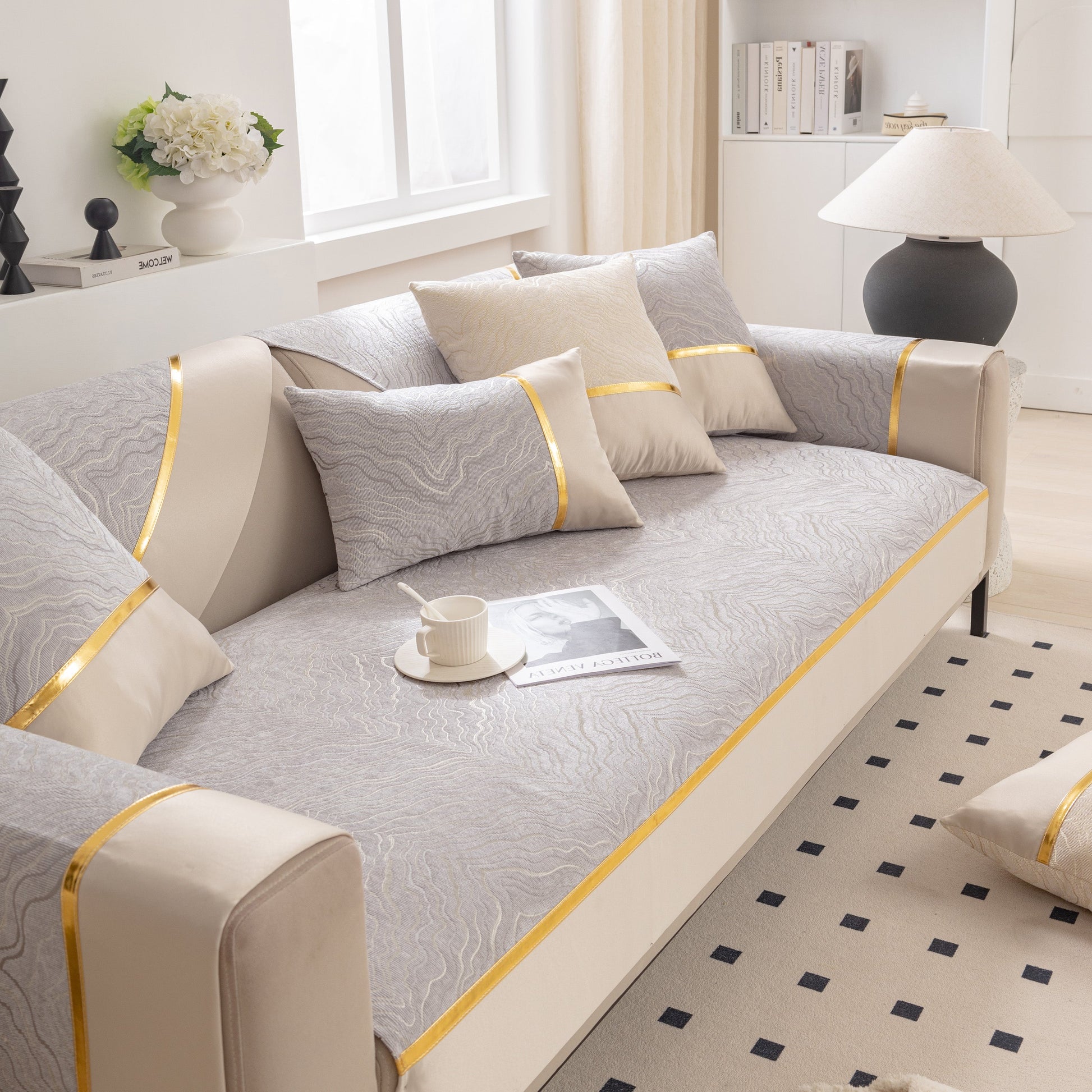 Modular Sofa Cover for Sectionals, Gold Striped Non-Slip Couch Protector on modern sofa in stylish living room.