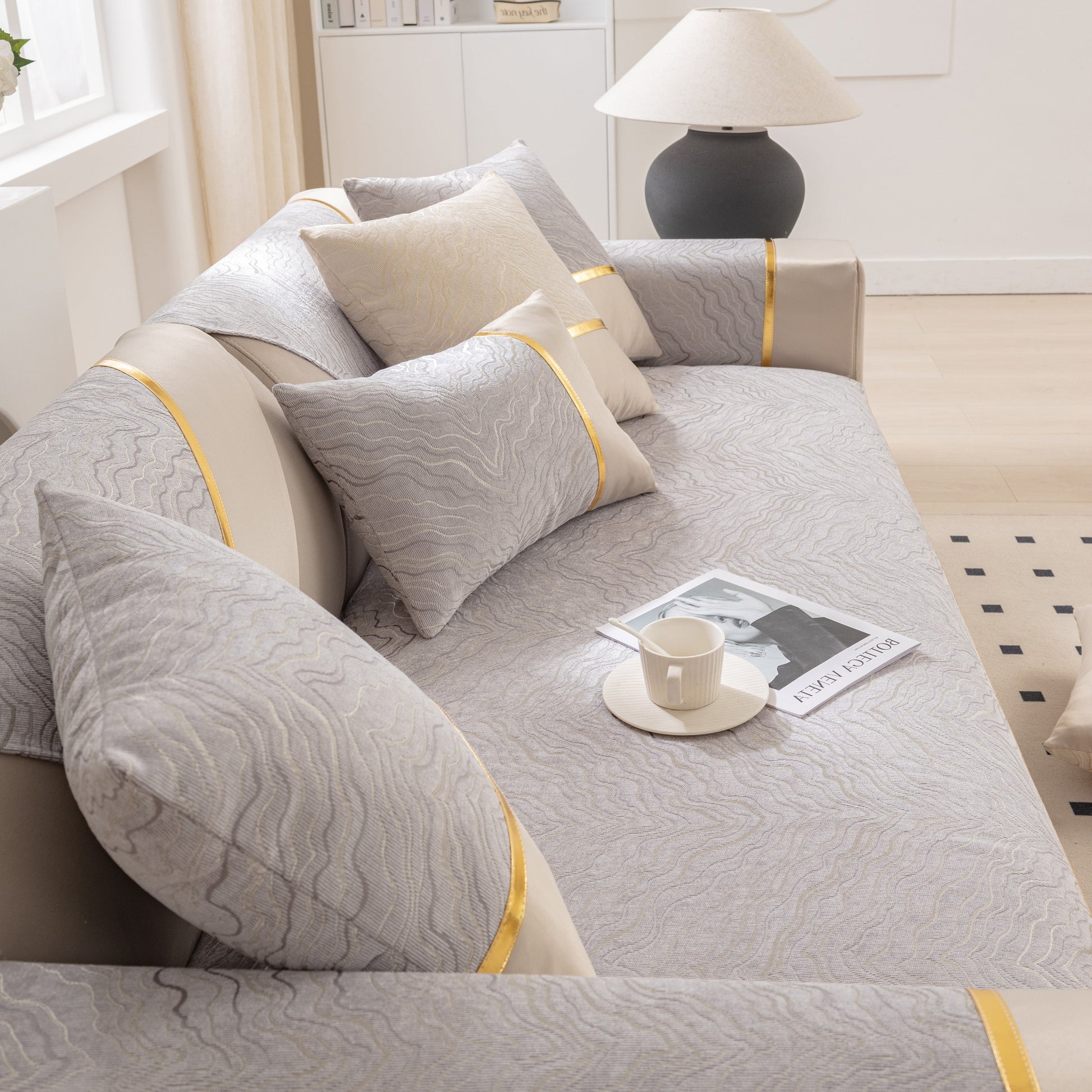 Modular Sofa Cover for Sectionals, Gold Striped Non-Slip Couch Protector with wave pattern and elegant decor pillows in living room setting