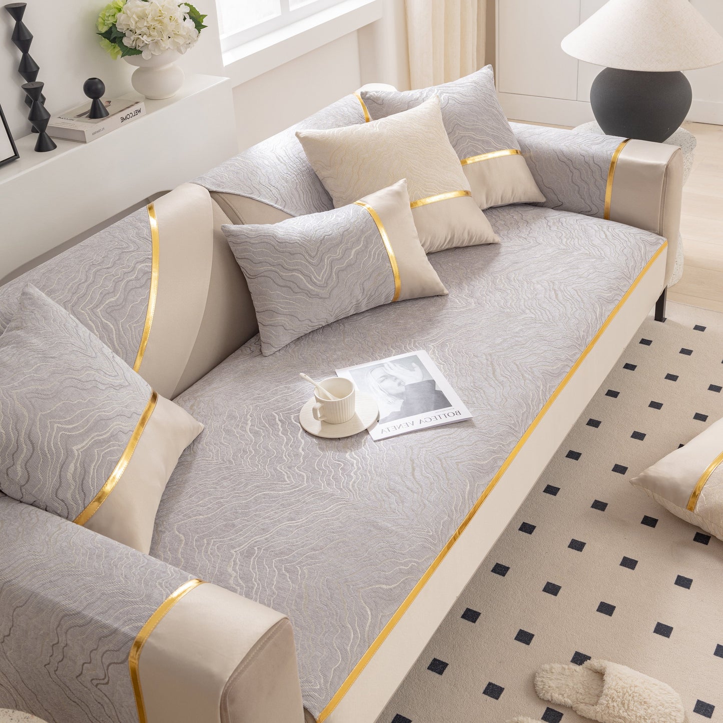 Modular Sofa Cover for Sectionals, Gold Striped Non-Slip Couch Protector with wave pattern texture and elegant pillows in modern living room.