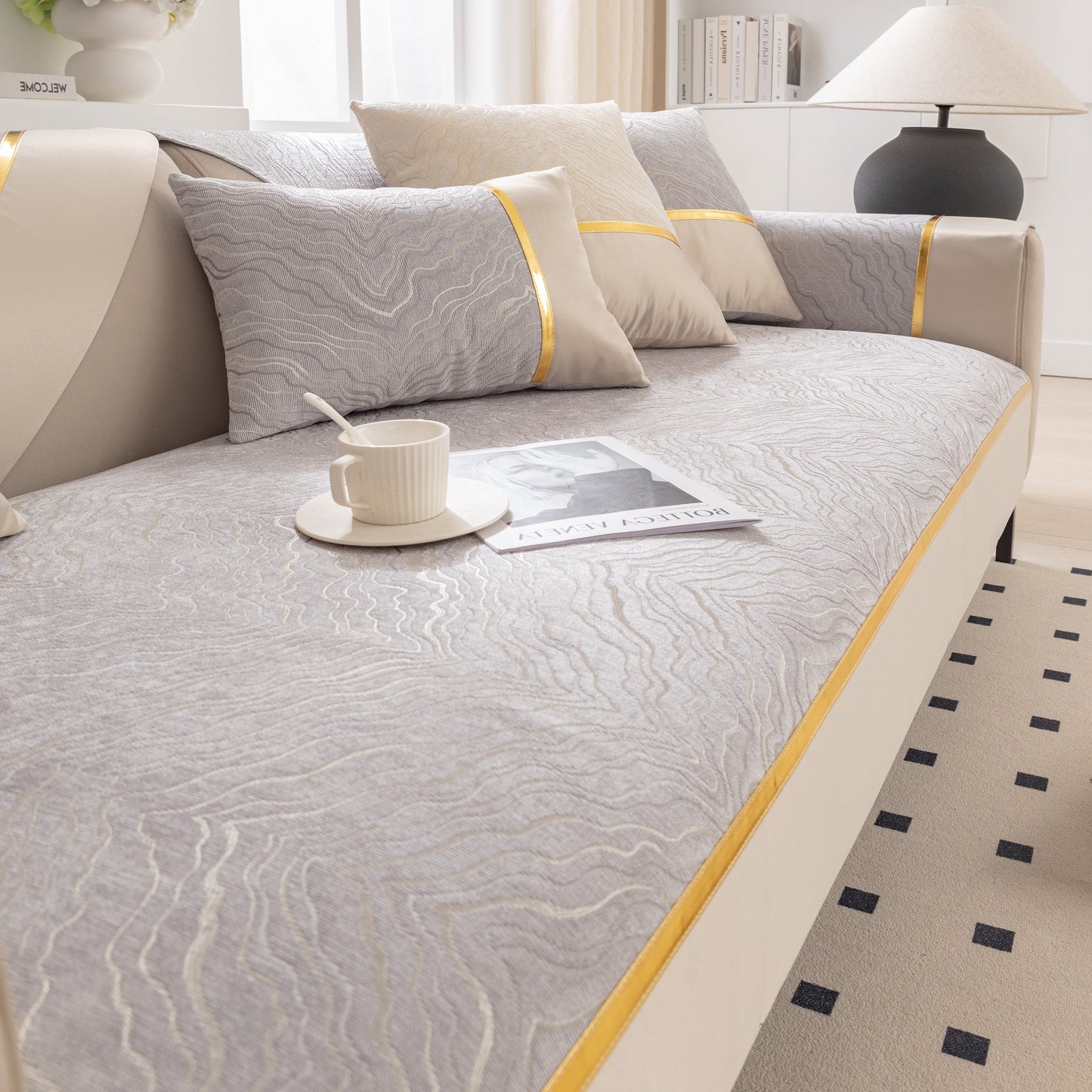 Modular Sofa Cover for Sectionals, Gold Striped Non-Slip Couch Protector with Irregular Wave Pattern on a Modern Beige Sofa