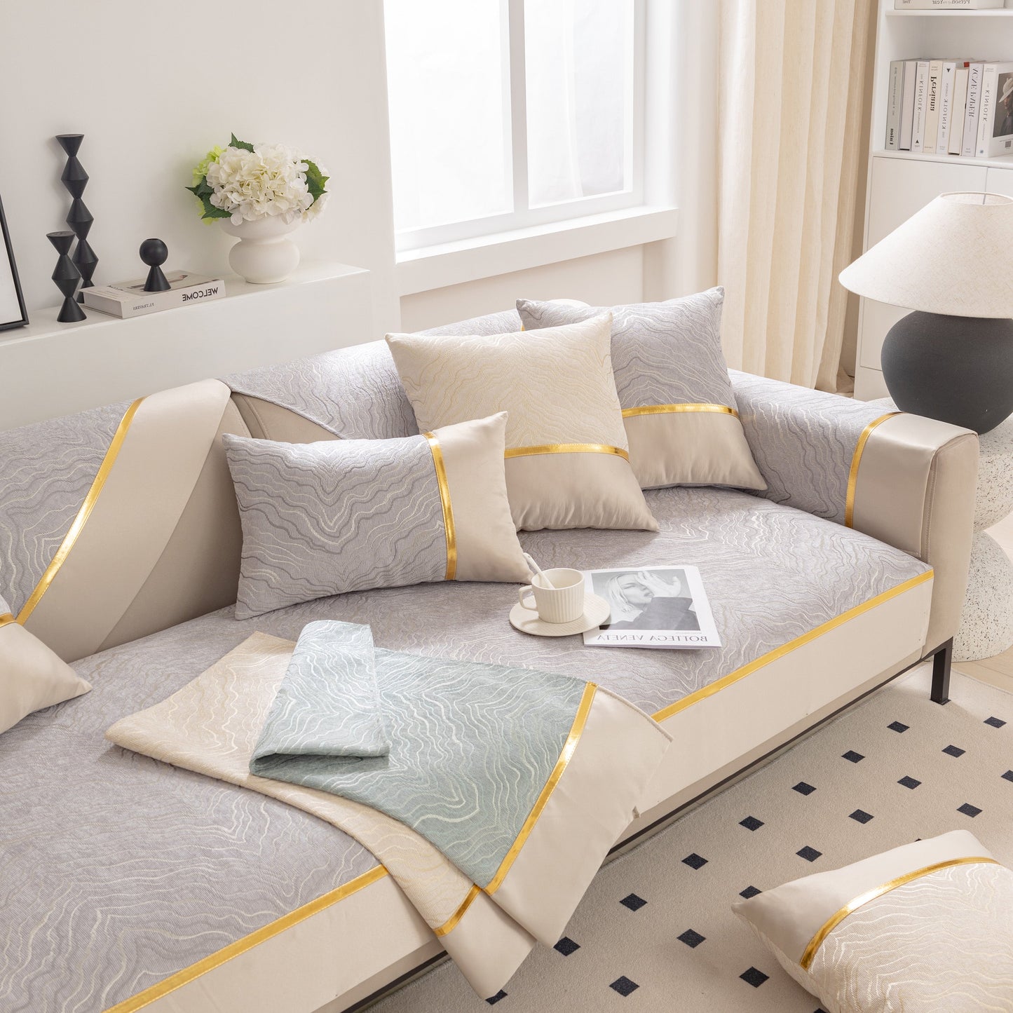 Modular Sofa Cover for Sectionals, Gold Striped Non-Slip Couch Protector on sectional sofa in a modern living room setting
