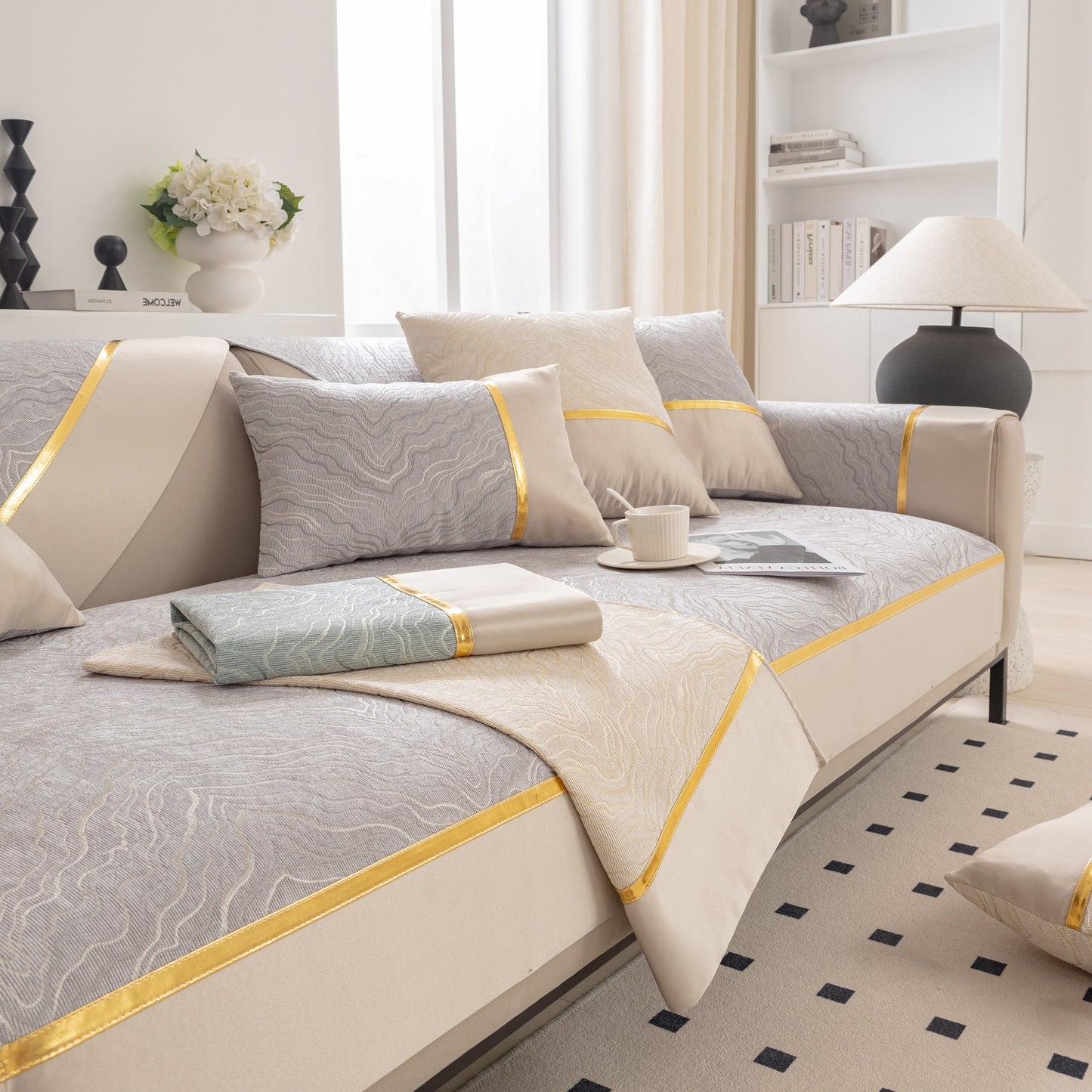 Modular Sofa Cover for Sectionals, Gold Striped Non-Slip Couch Protector on a light-colored couch in a modern living room.