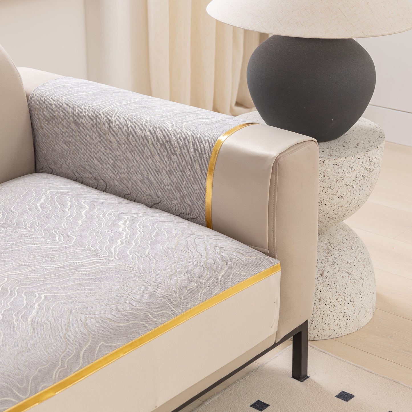 Modular Sofa Cover for Sectionals, Gold Striped Non-Slip Couch Protector with textured wave pattern and elegant design.