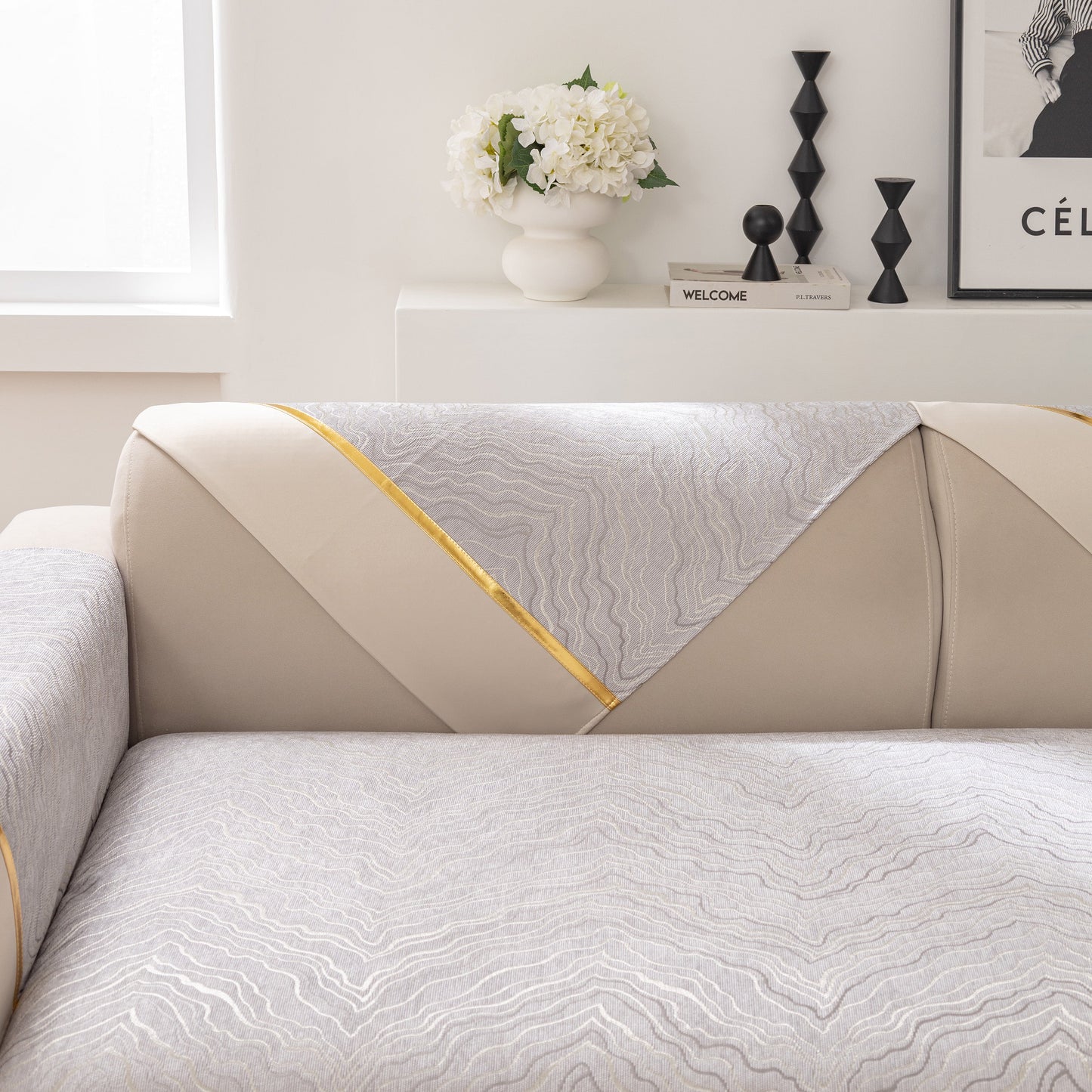 Modular Sofa Cover for Sectionals, Gold Striped Non-Slip Couch Protector with wave pattern, enhancing a beige couch in modern living room.
