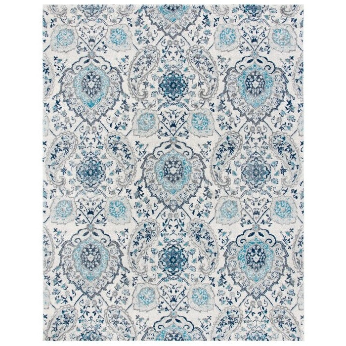 5' x 7' Coastal Blue Grey Damask Indoor Area Rug with cream, gray, and navy damask pattern, stain-resistant, ideal for busy spaces.
