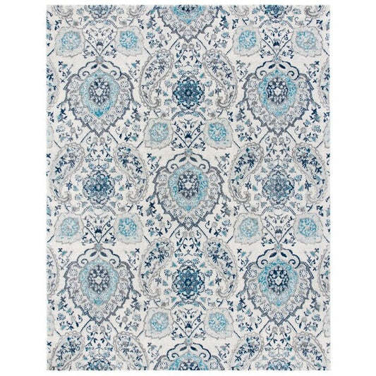 5' x 7' Coastal Blue Grey Damask Indoor Area Rug with cream, gray, and navy damask pattern, stain-resistant, ideal for busy spaces.