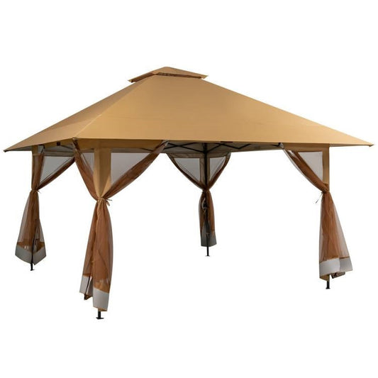 Brown 13 x 13 Ft Pop-Up Gazebo Outdoor Canopy w/ Mesh Mosquito Netting Sidewalls for garden and patio shade