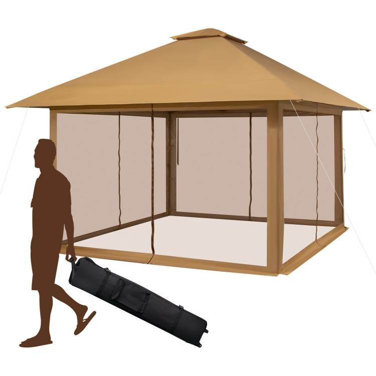 Brown 13 x 13 Ft Pop-Up Gazebo Outdoor Canopy w/ Mesh Mosquito Netting Sidewalls with carrying bag and silhouette of user.